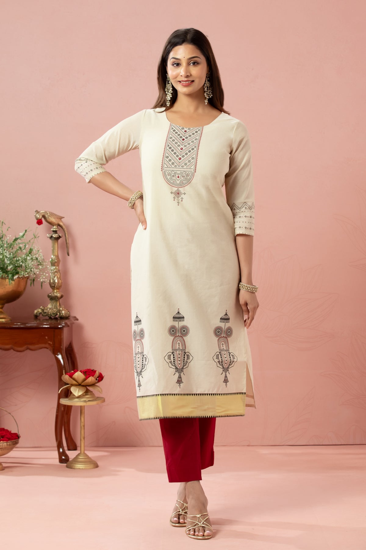Off White Nethipattam Printed Kota Khaki Kurta