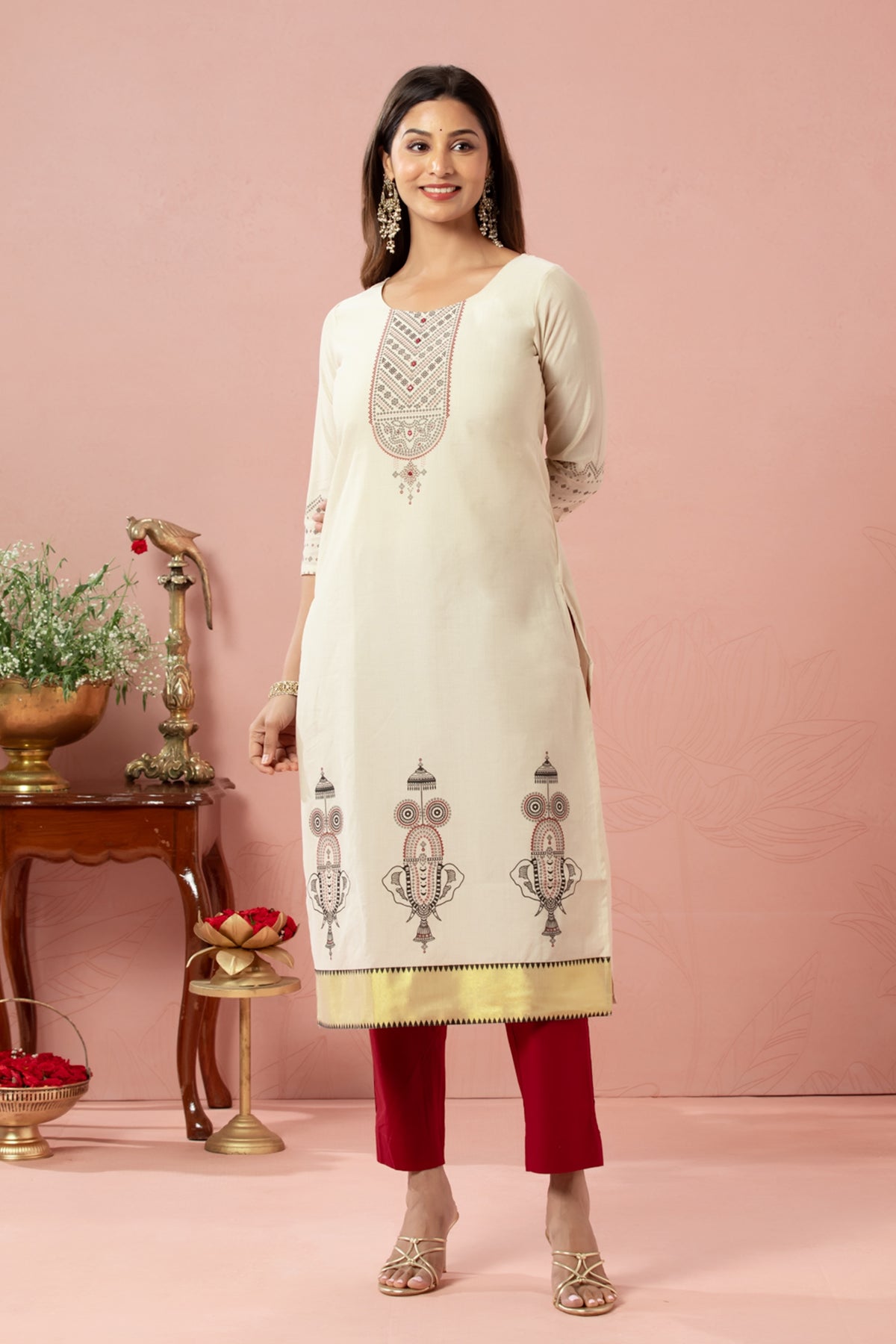 Off White Nethipattam Printed Kota Khaki Kurta