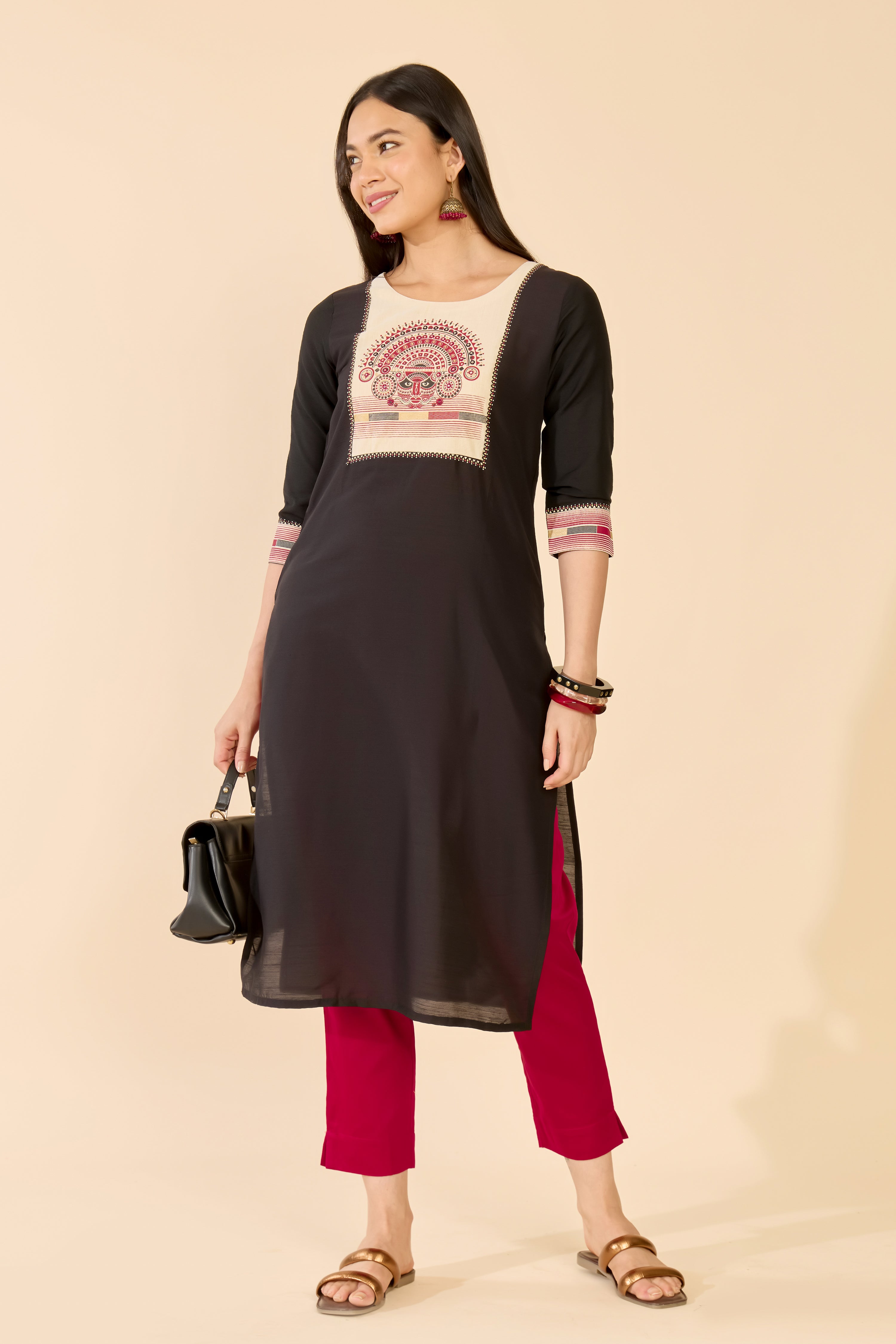 Black Theyyam Print Raw Silk Kurta