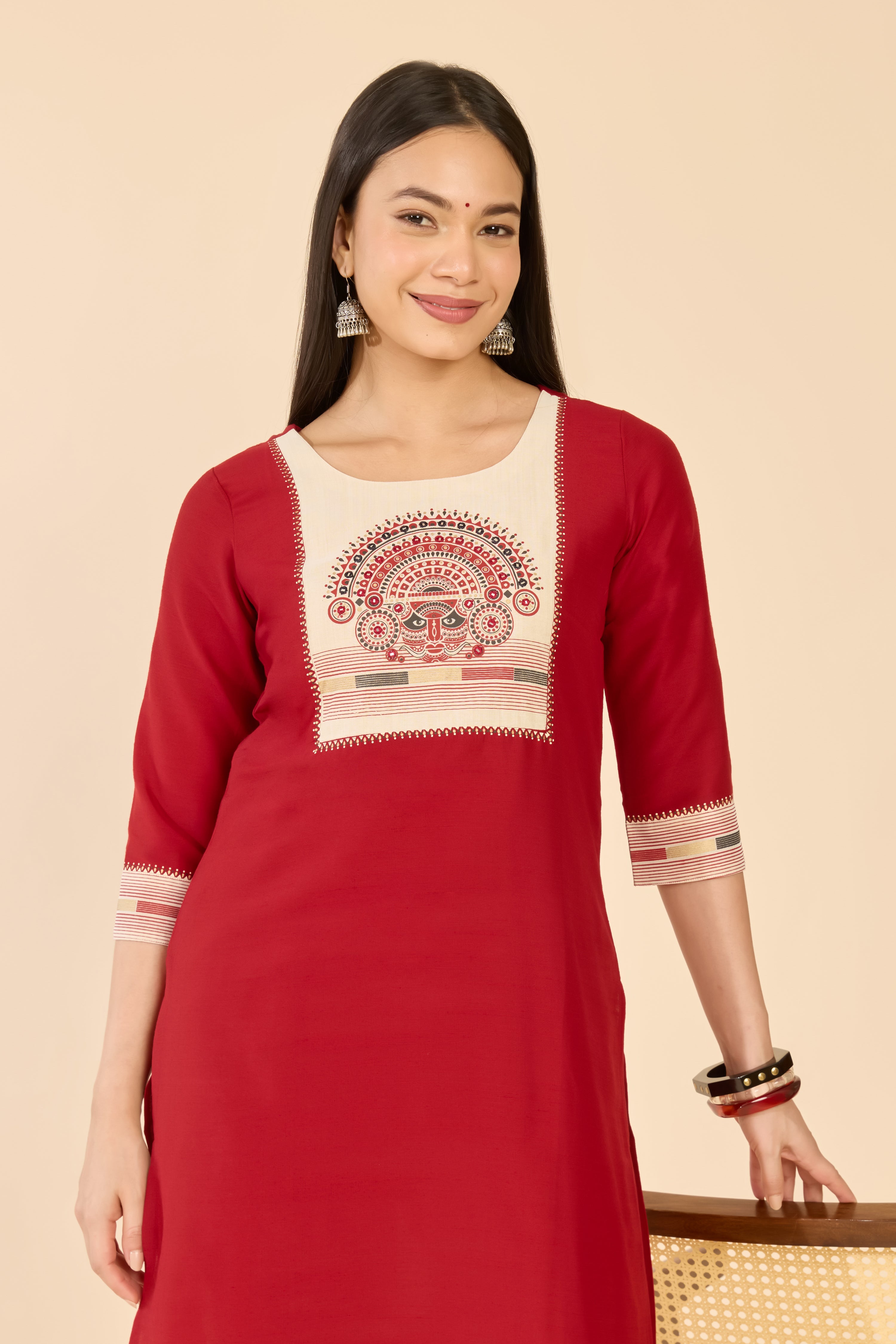 Red Theyyam Print Raw Silk Kurta