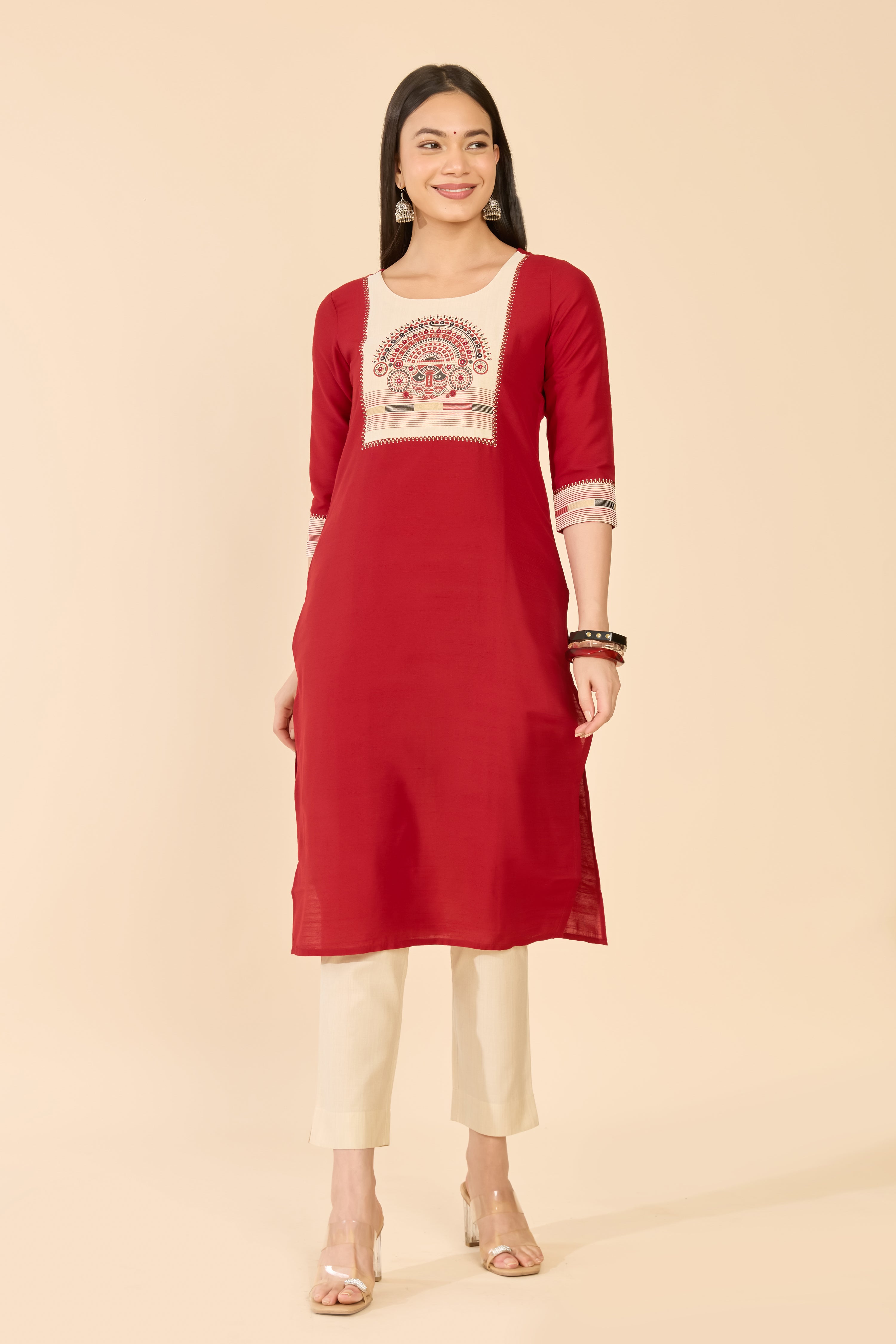 Red Theyyam Print Raw Silk Kurta