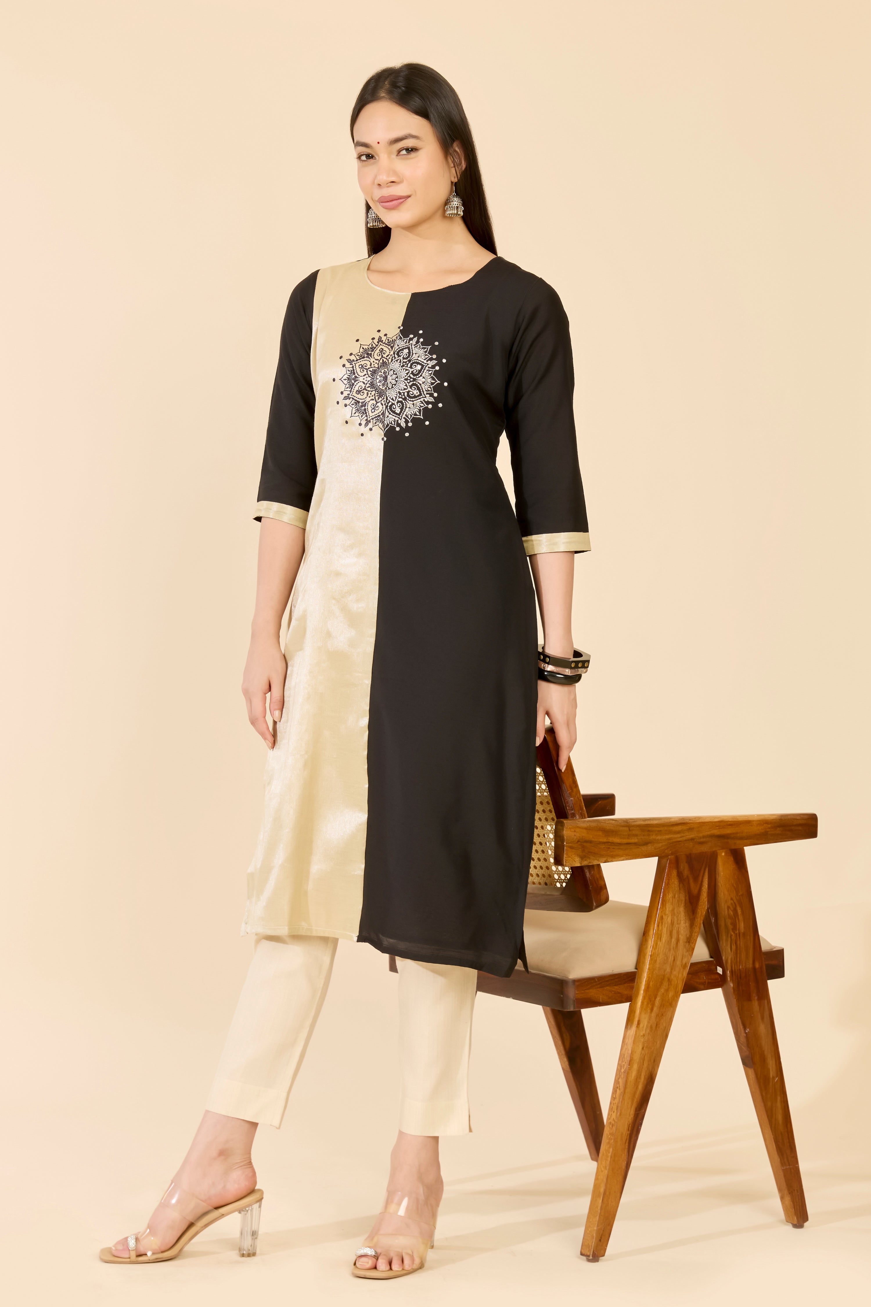 Black & White Color Block Embroidered Kurta