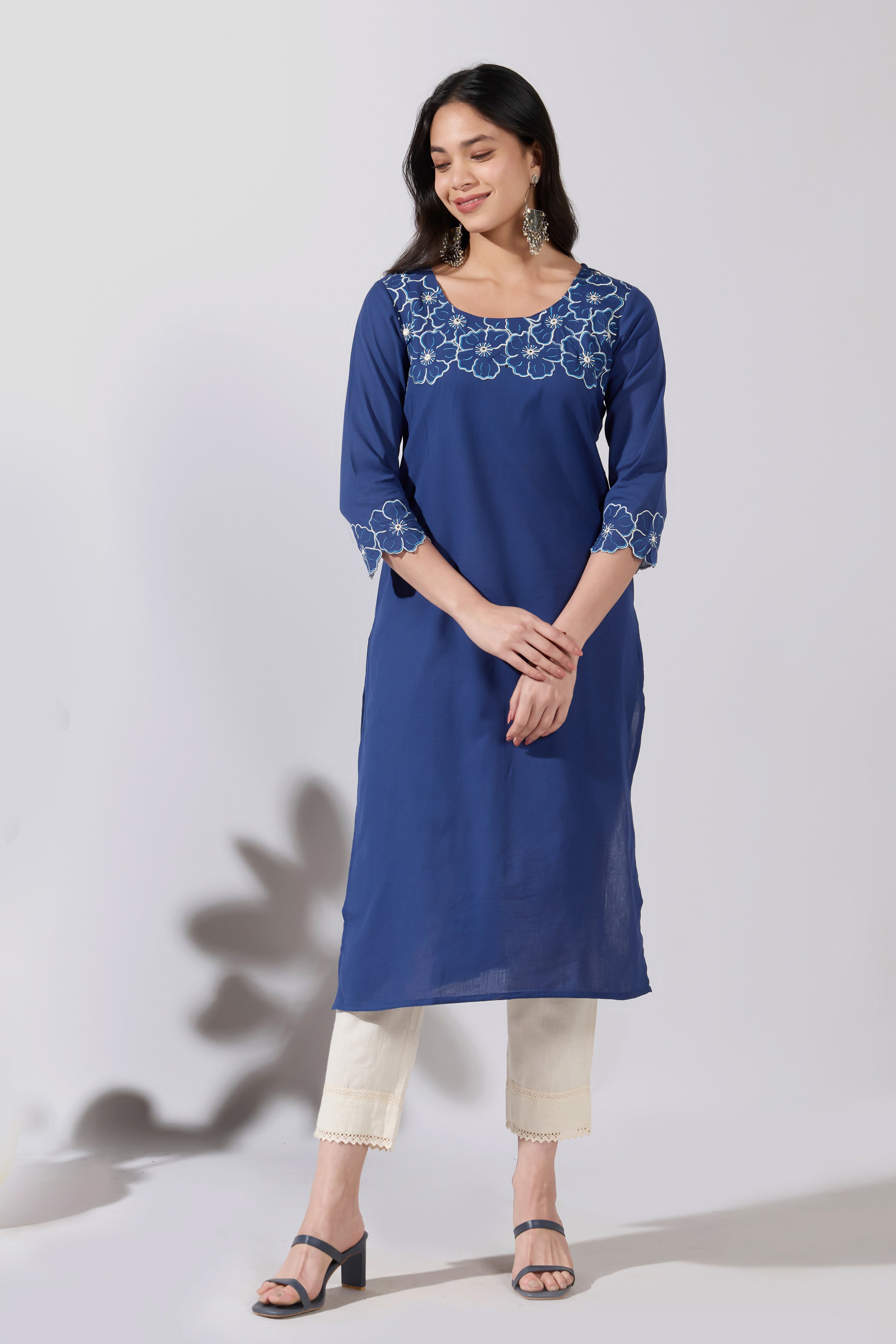 Floral Embroidered Cotton Blue Kurta with Decorative Hemline