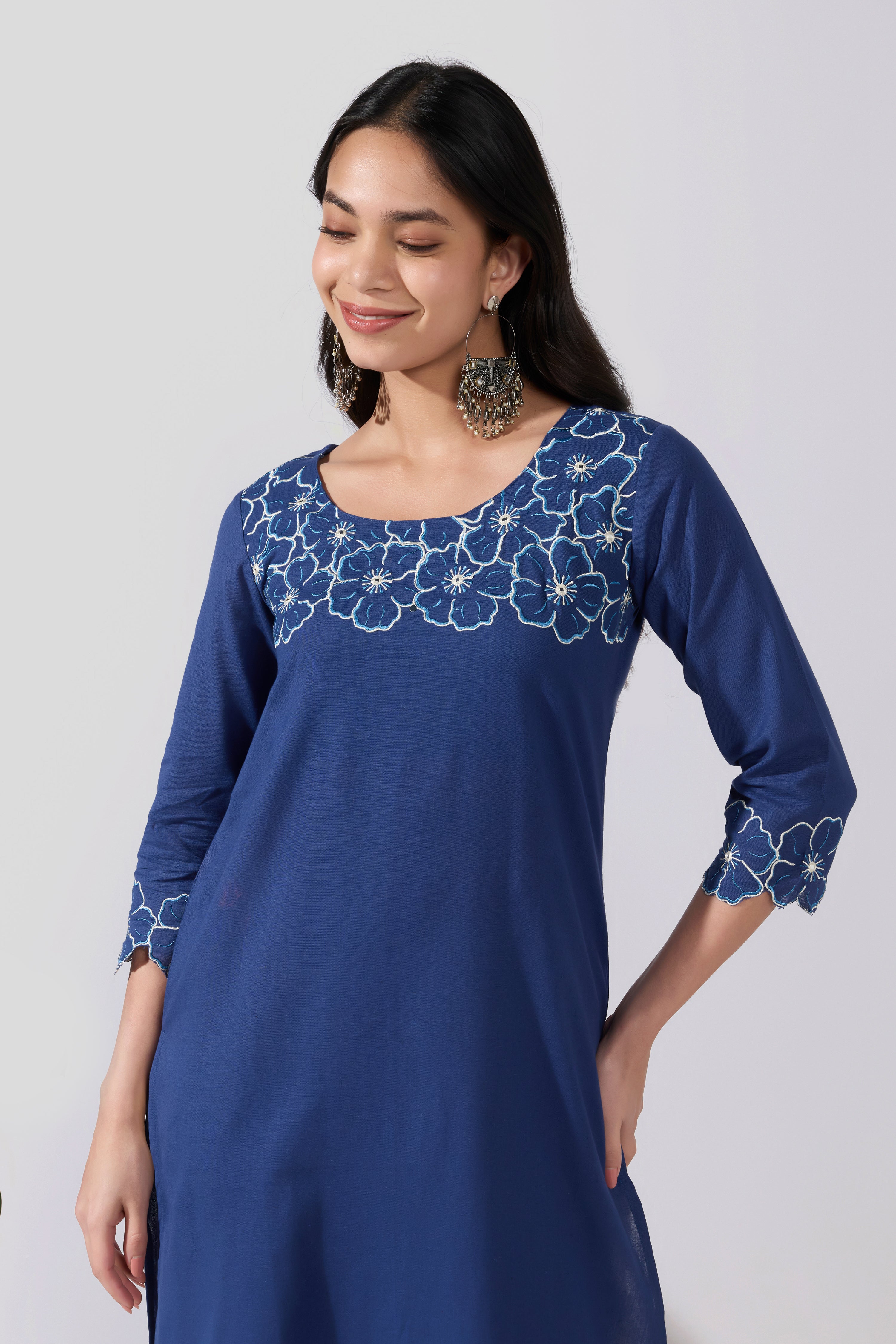 Floral Embroidered Cotton Blue Kurta with Decorative Hemline
