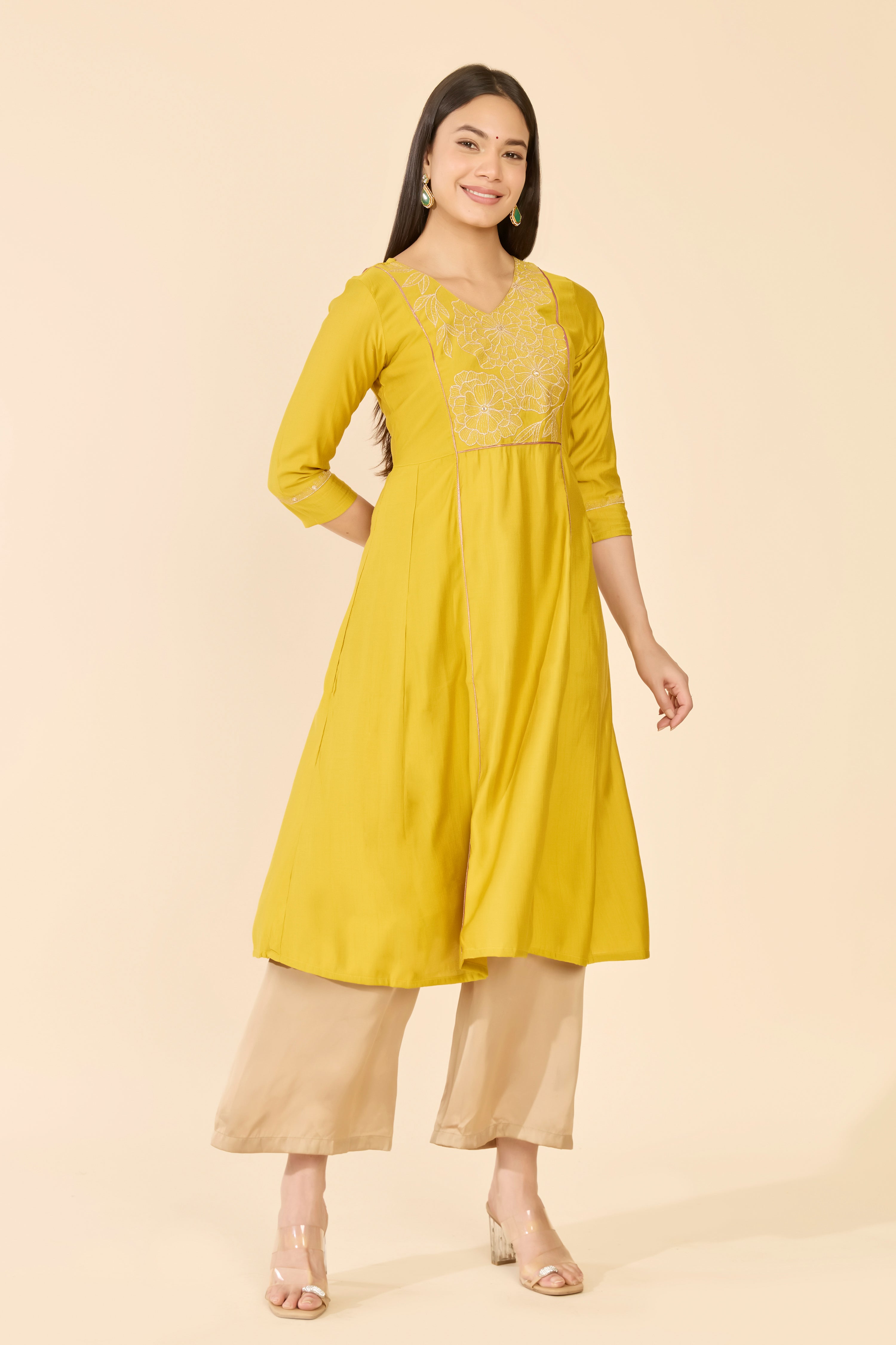 Mustard Embroidered Yoke A-Line Kurta