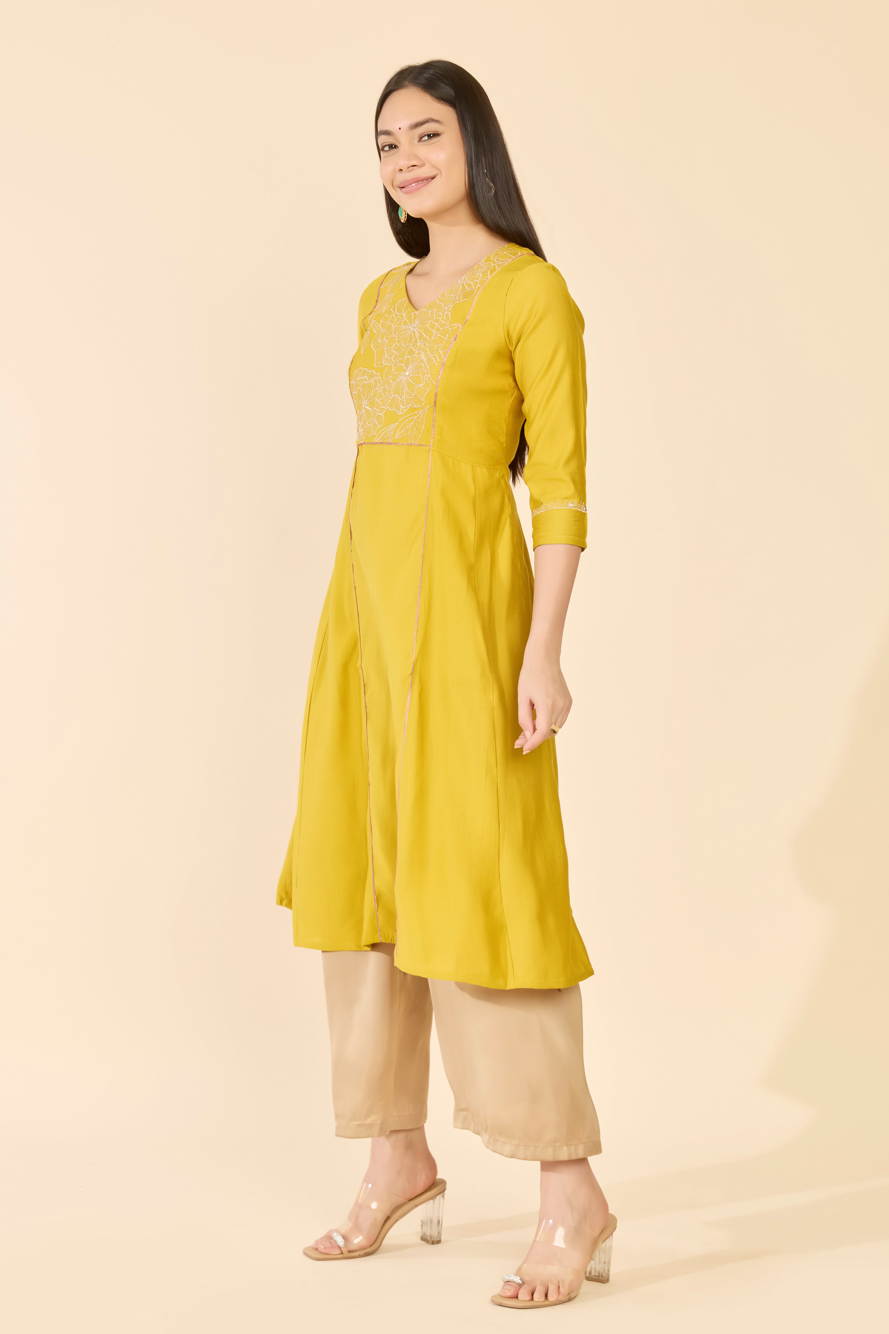 Mustard Embroidered Yoke A-Line Kurta