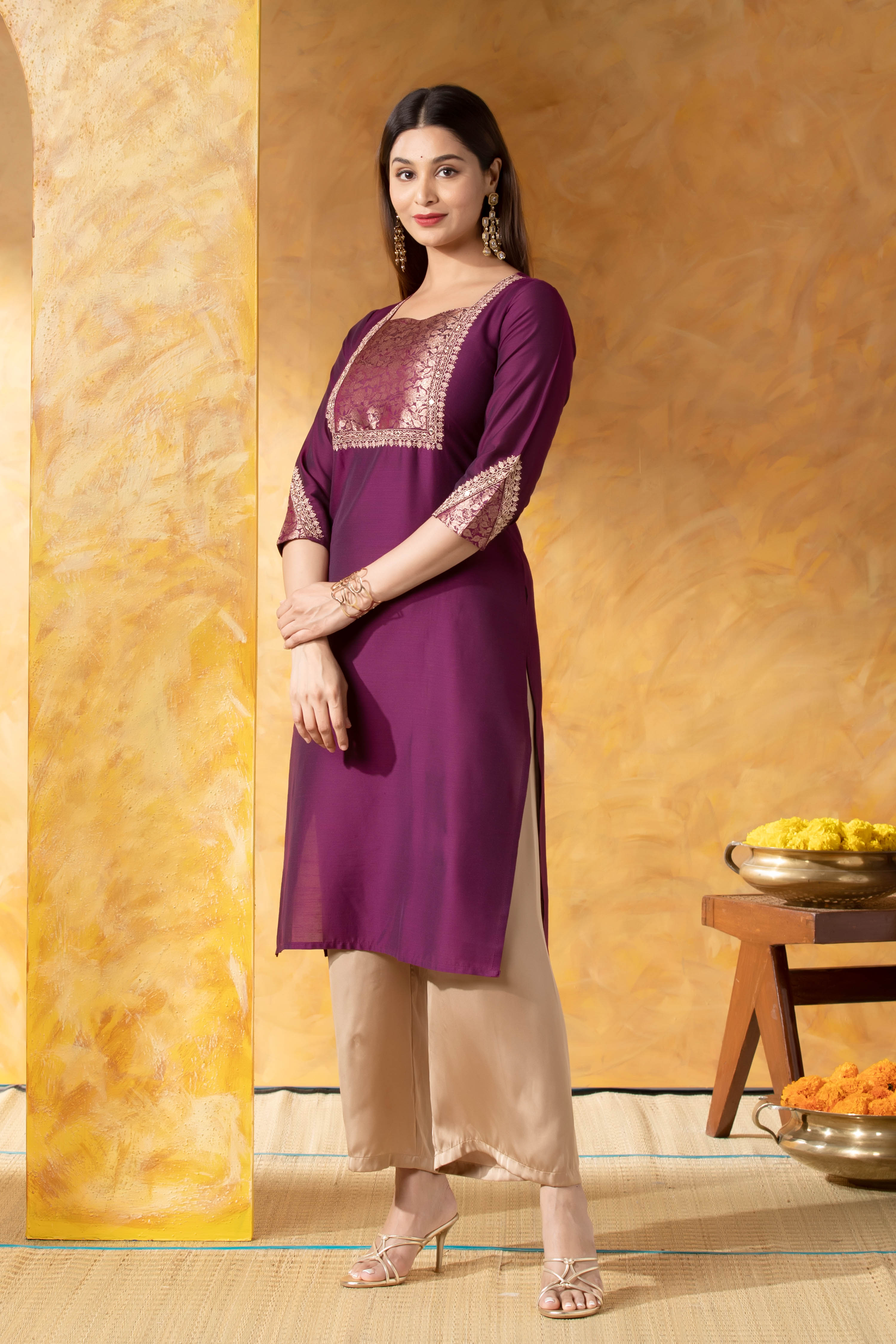Burgundy Straight Kurta with Brocade Yoke Foil Mirror Work