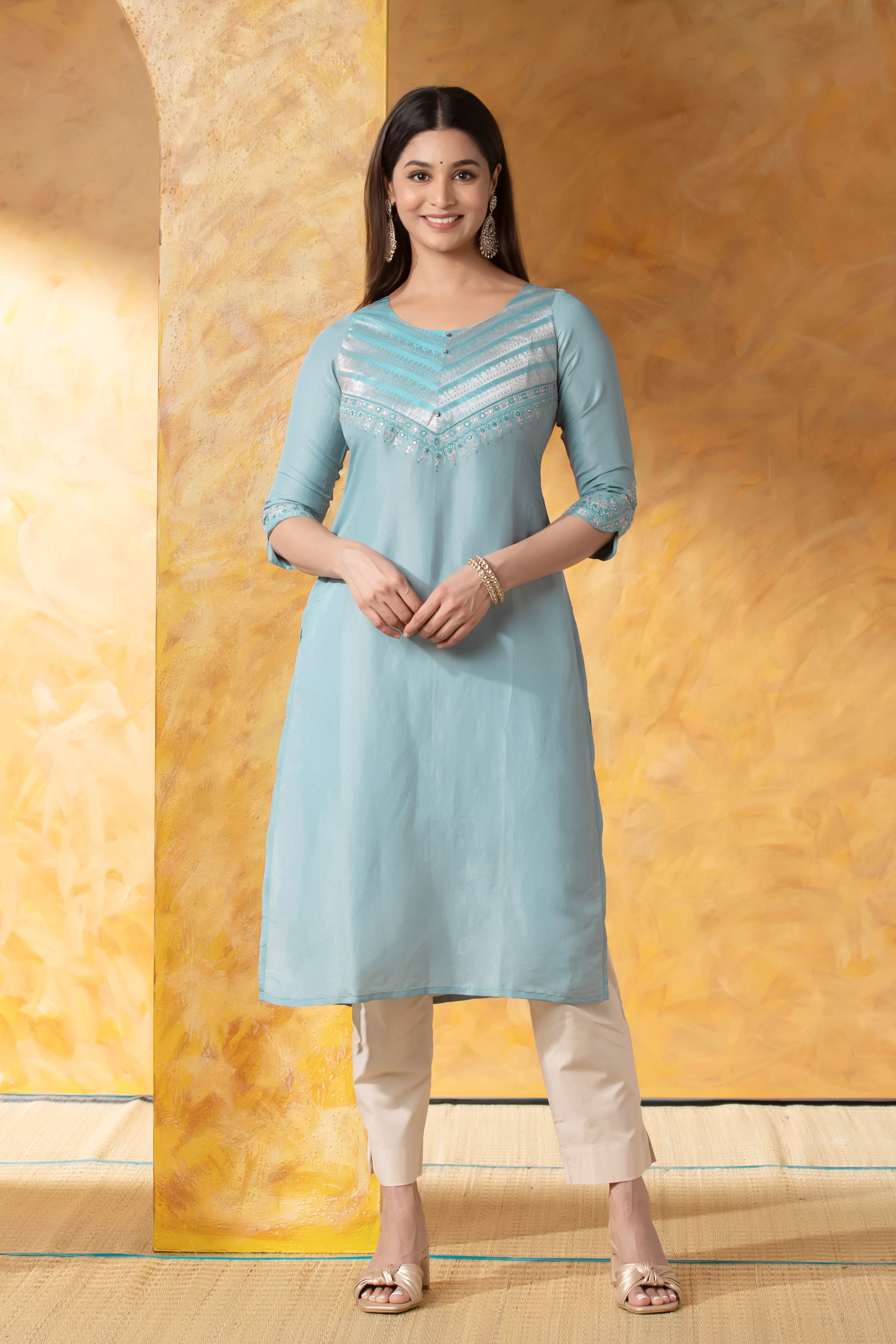 Sky Blue Straight Kurta with Brocade Work
