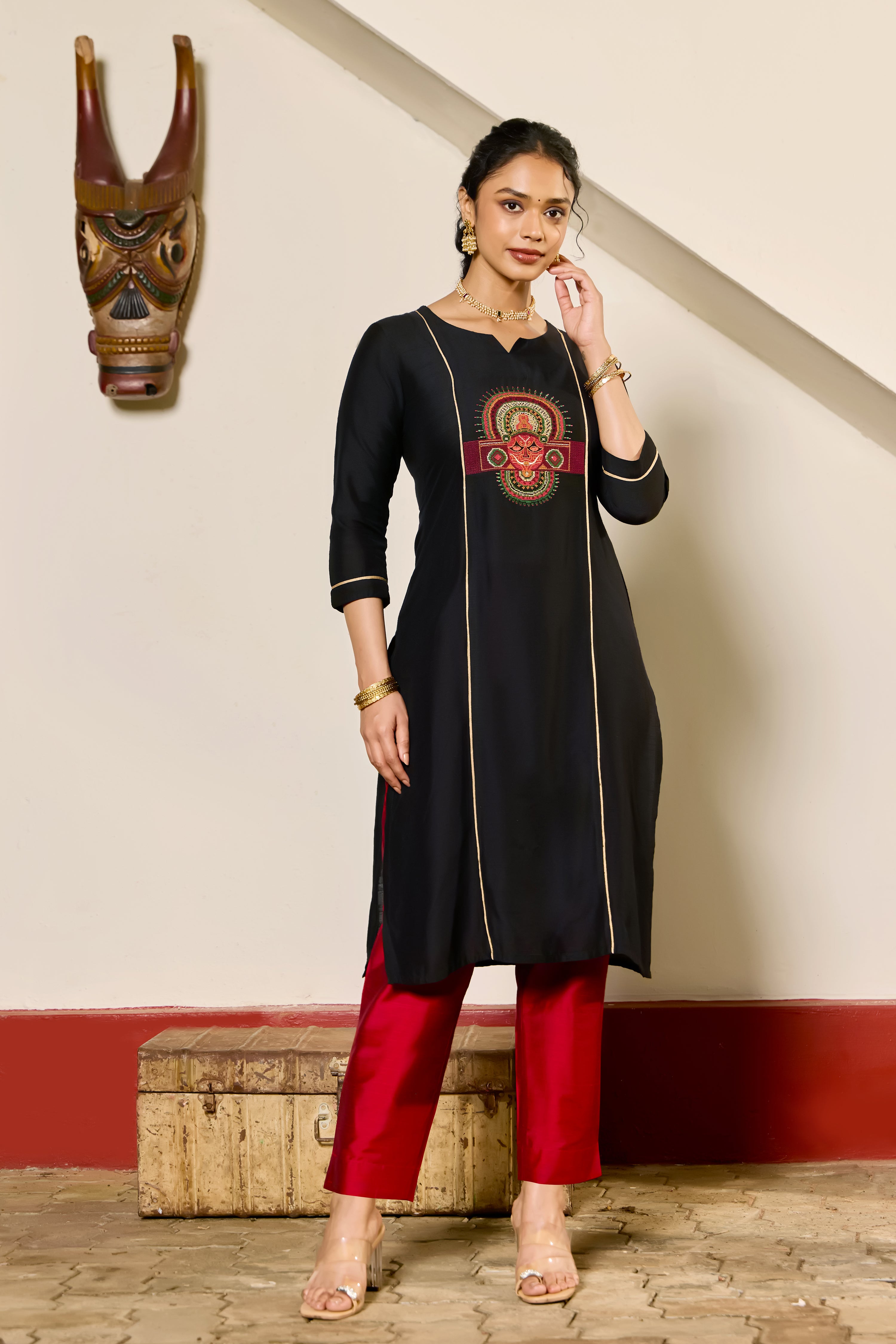 Black Raw Silk Theyyam Embroidered Kurta