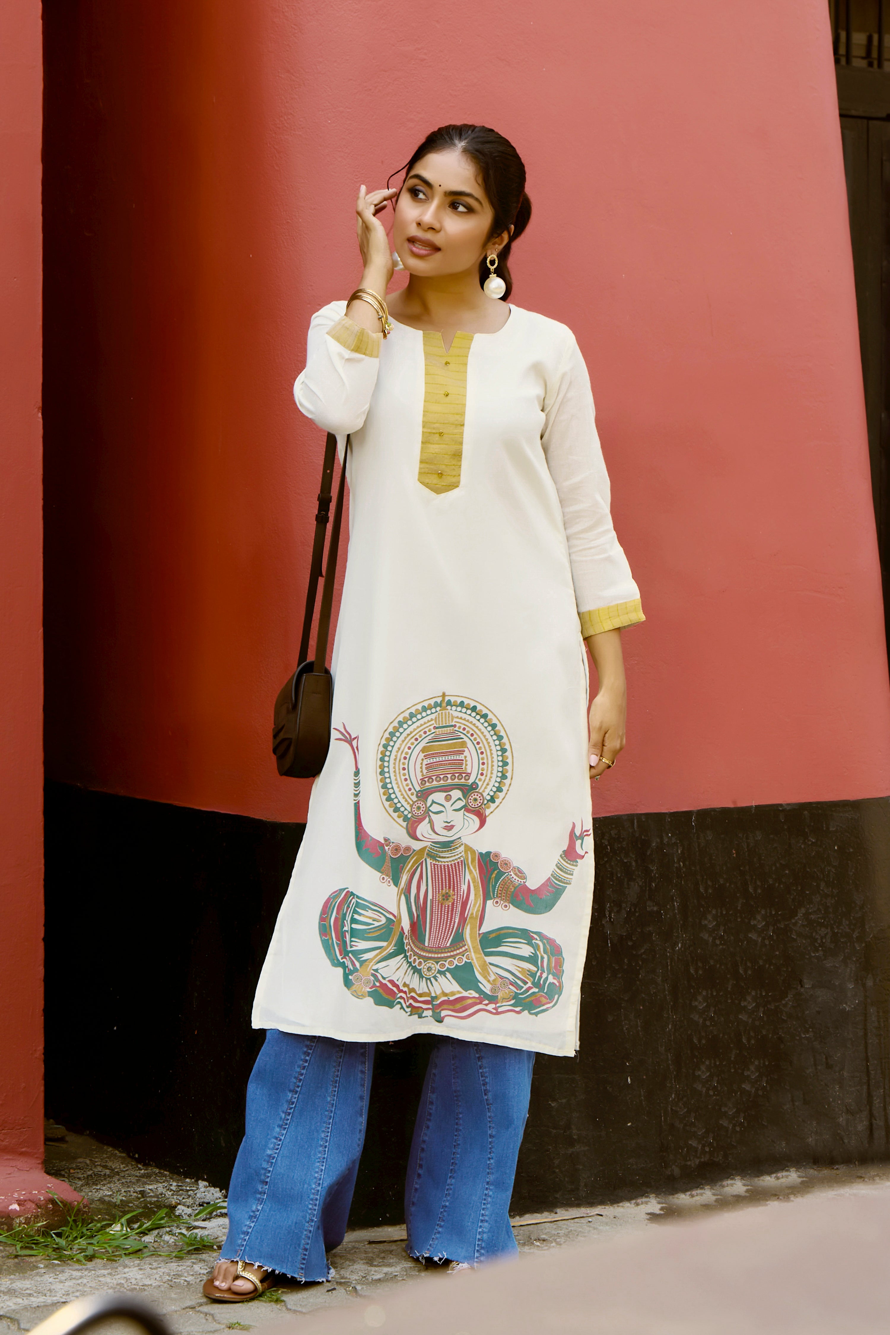 Off White Dancing Kathakali Cotton Straight Kurta