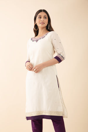 Floral Embroidered Kurta - Off-White & Purple