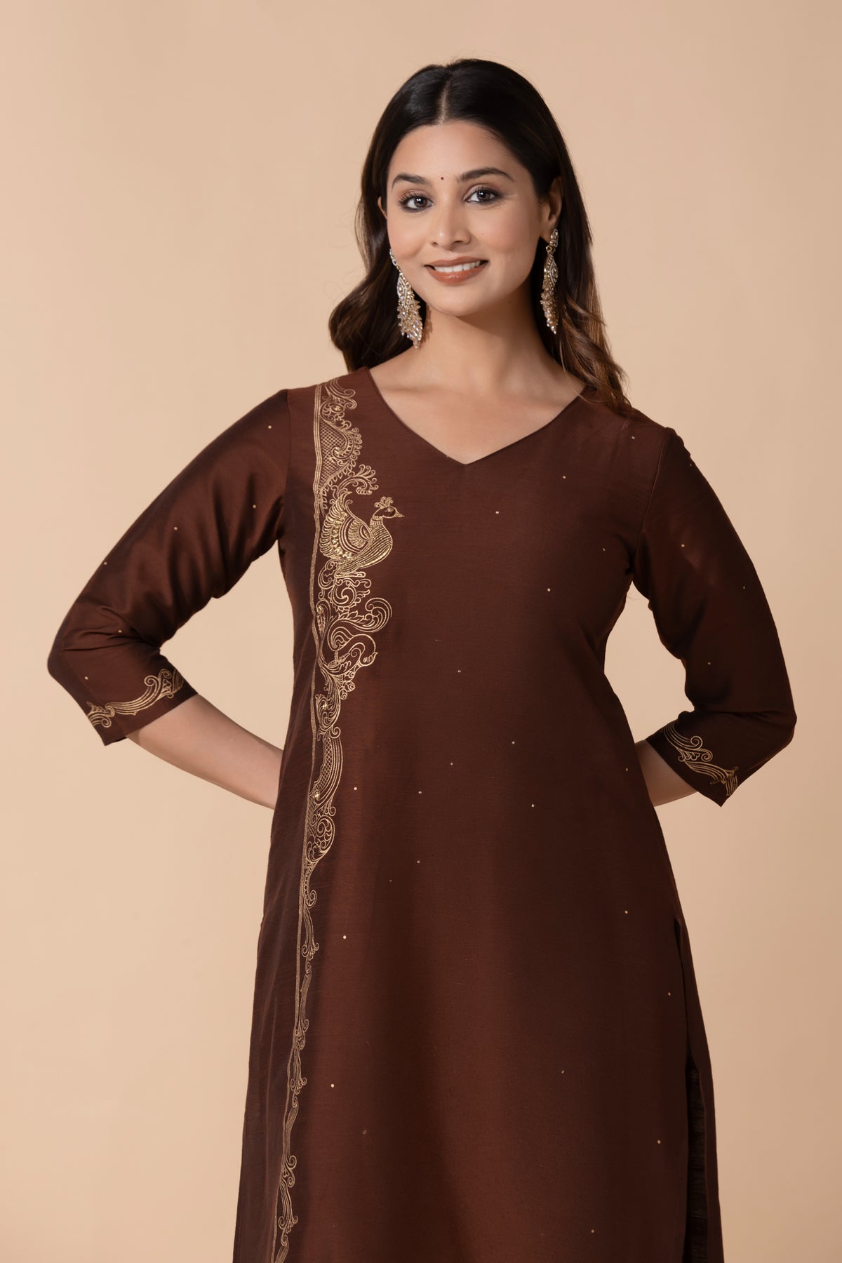 Brown Peacock Printed Straight Kurta