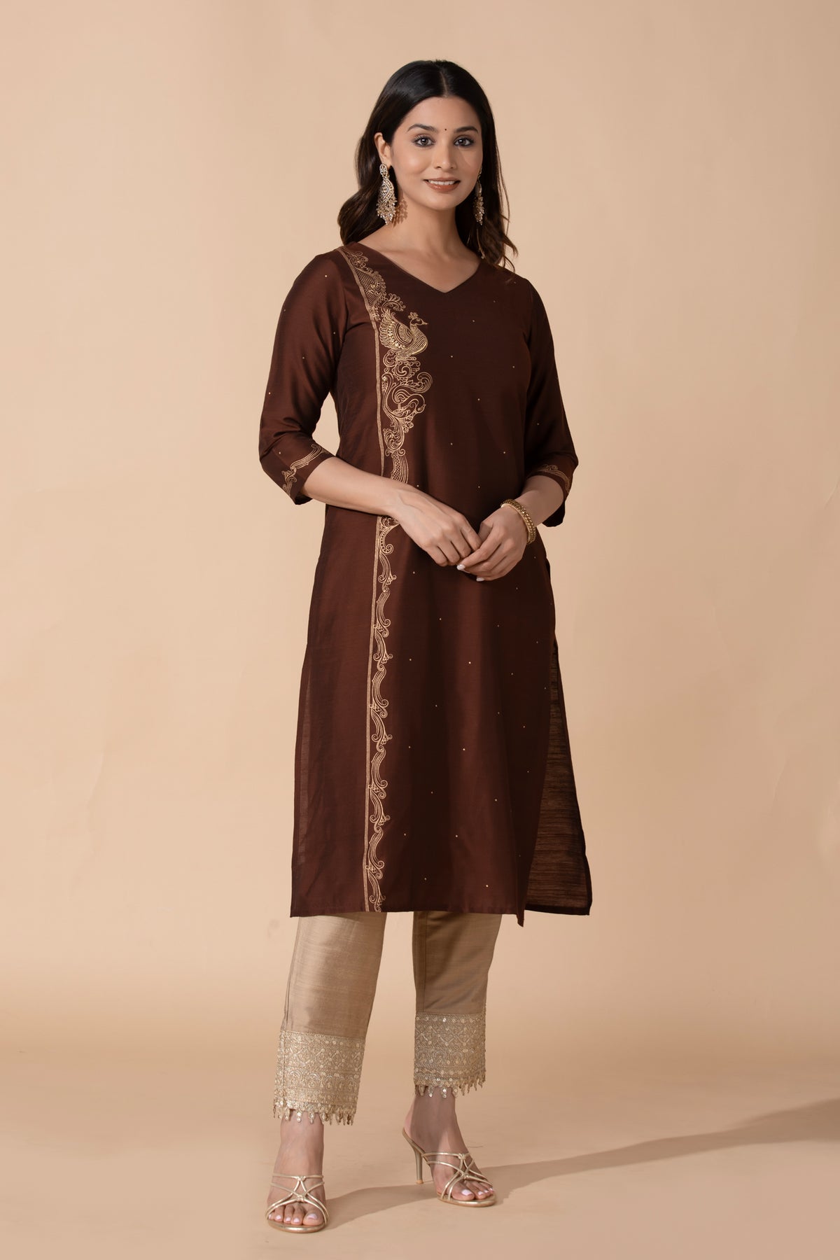 Brown Peacock Printed Straight Kurta