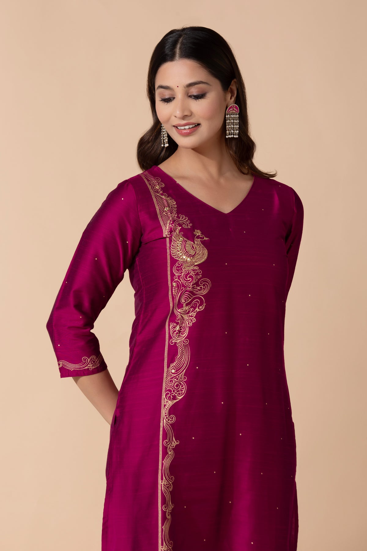 Pink Peacock Printed Straight Kurta
