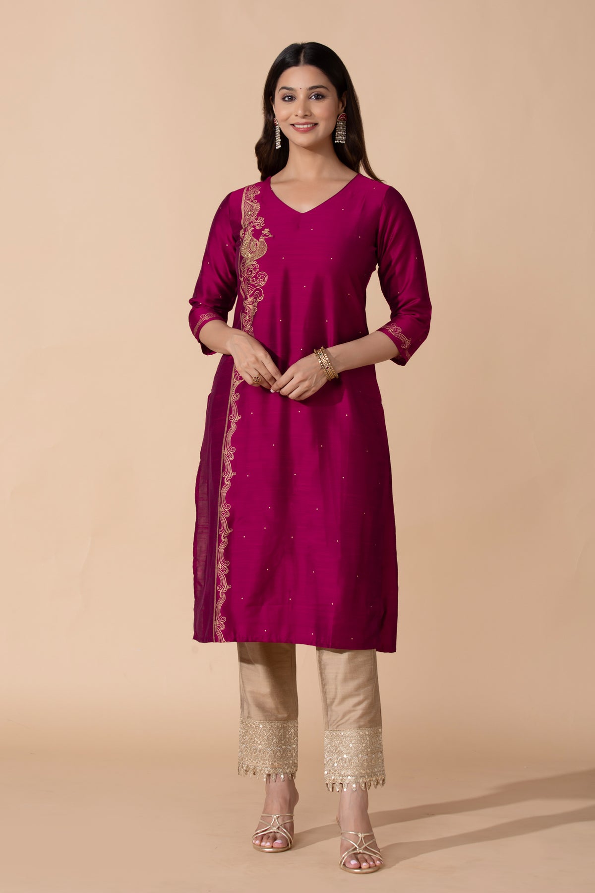 Pink Peacock Printed Straight Kurta