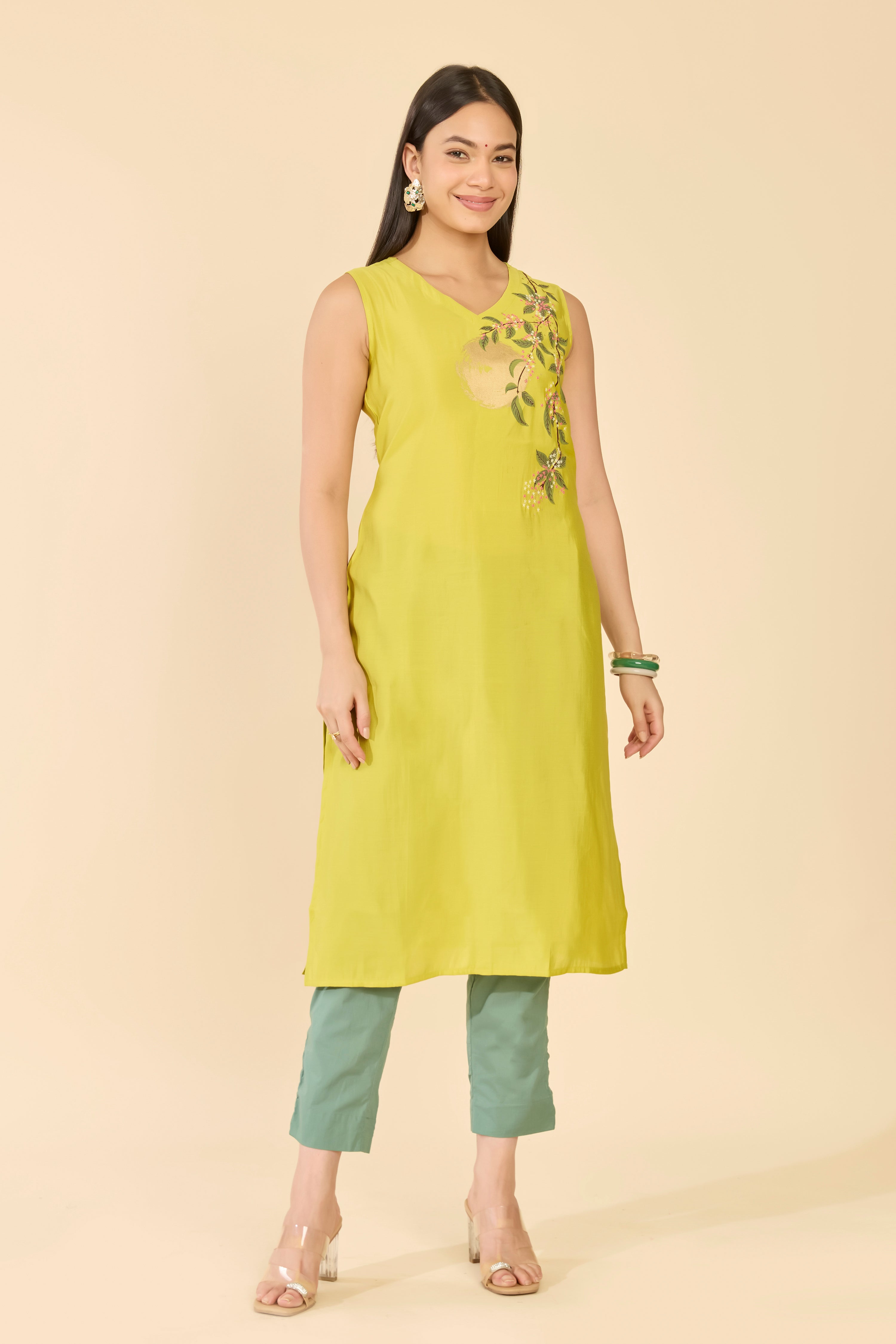 Lime Yellow Sun & Floral A-Line Kurta