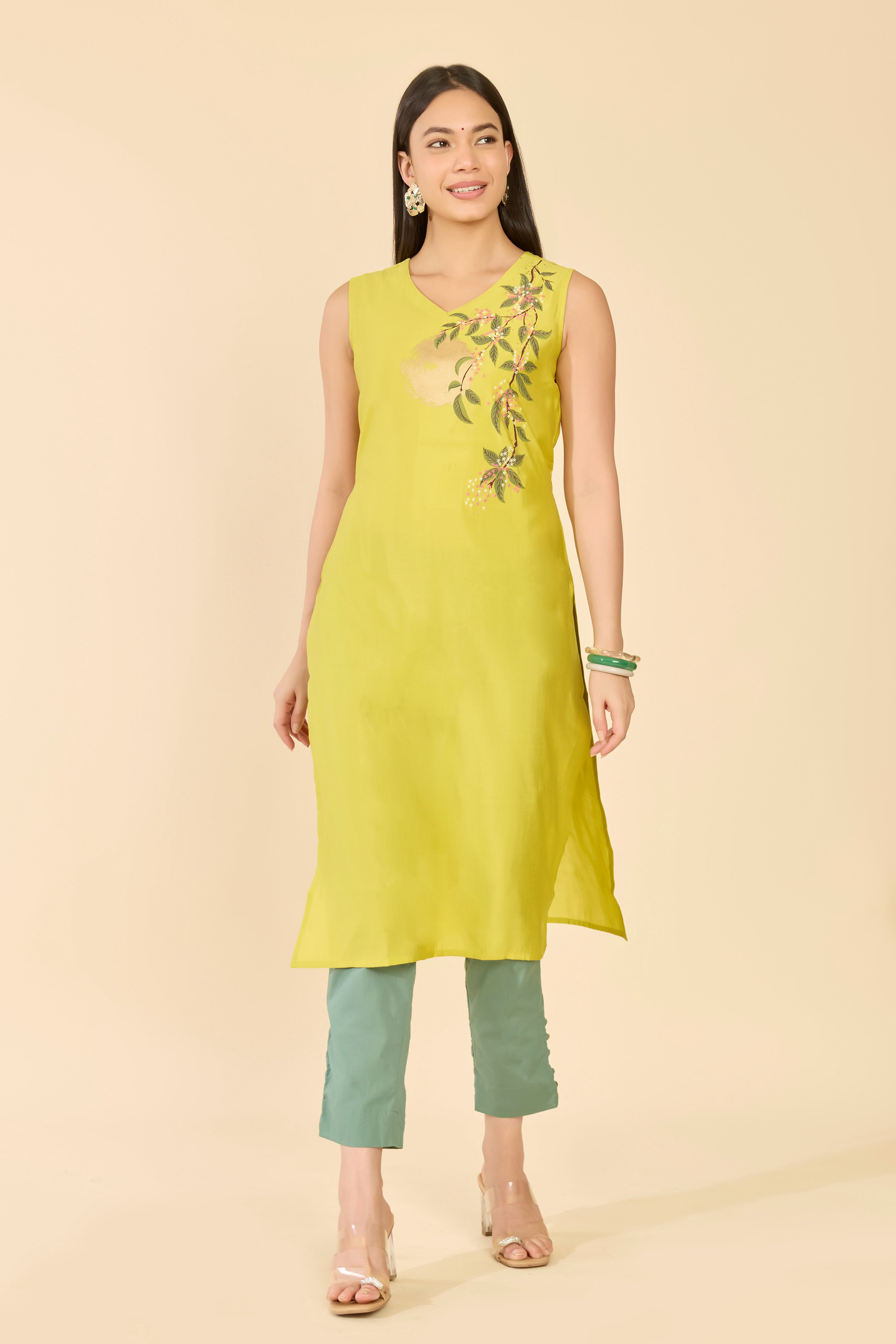 Lime Yellow Sun & Floral A-Line Kurta