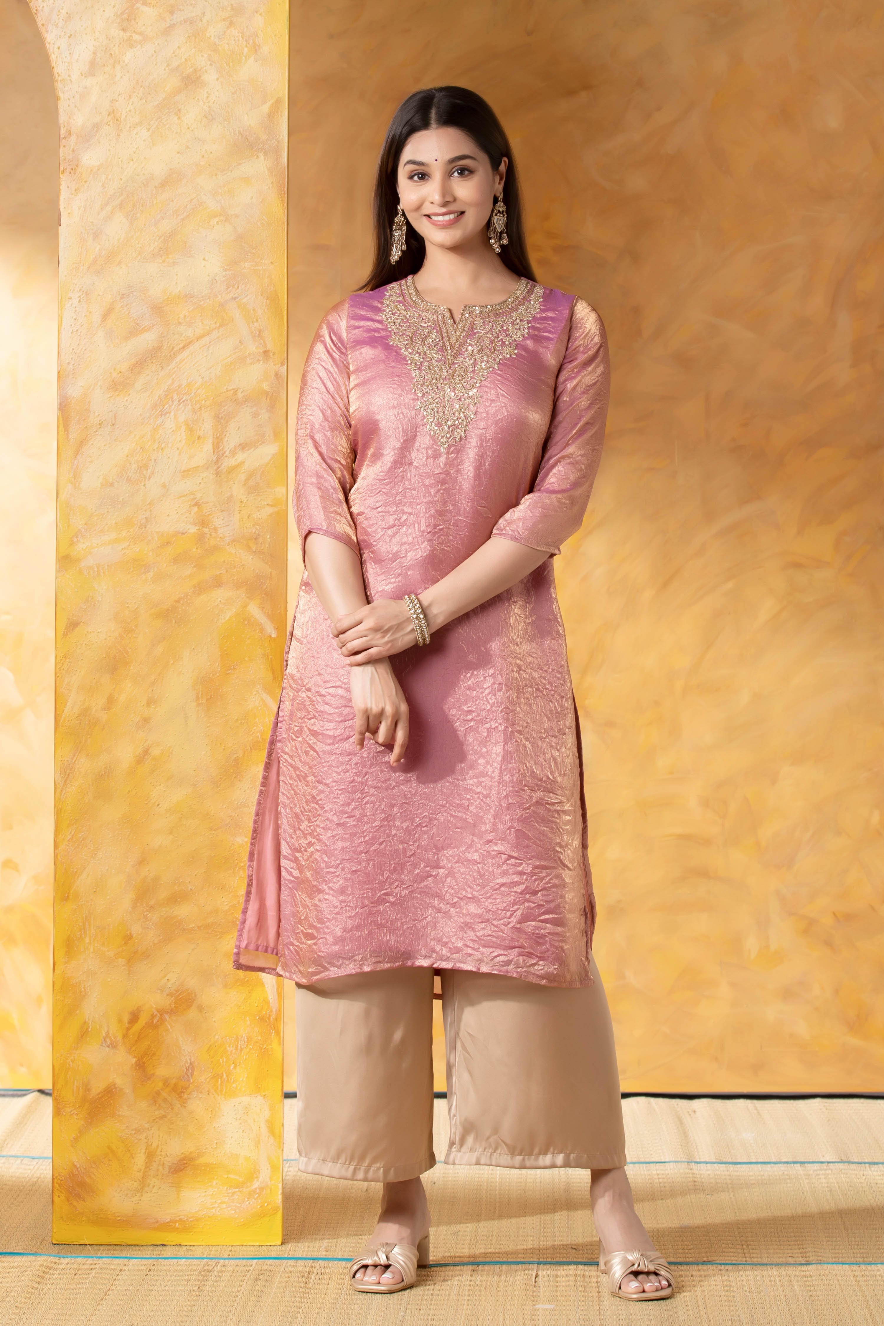 Pink Straight Kurta with Embellished Yoke Design