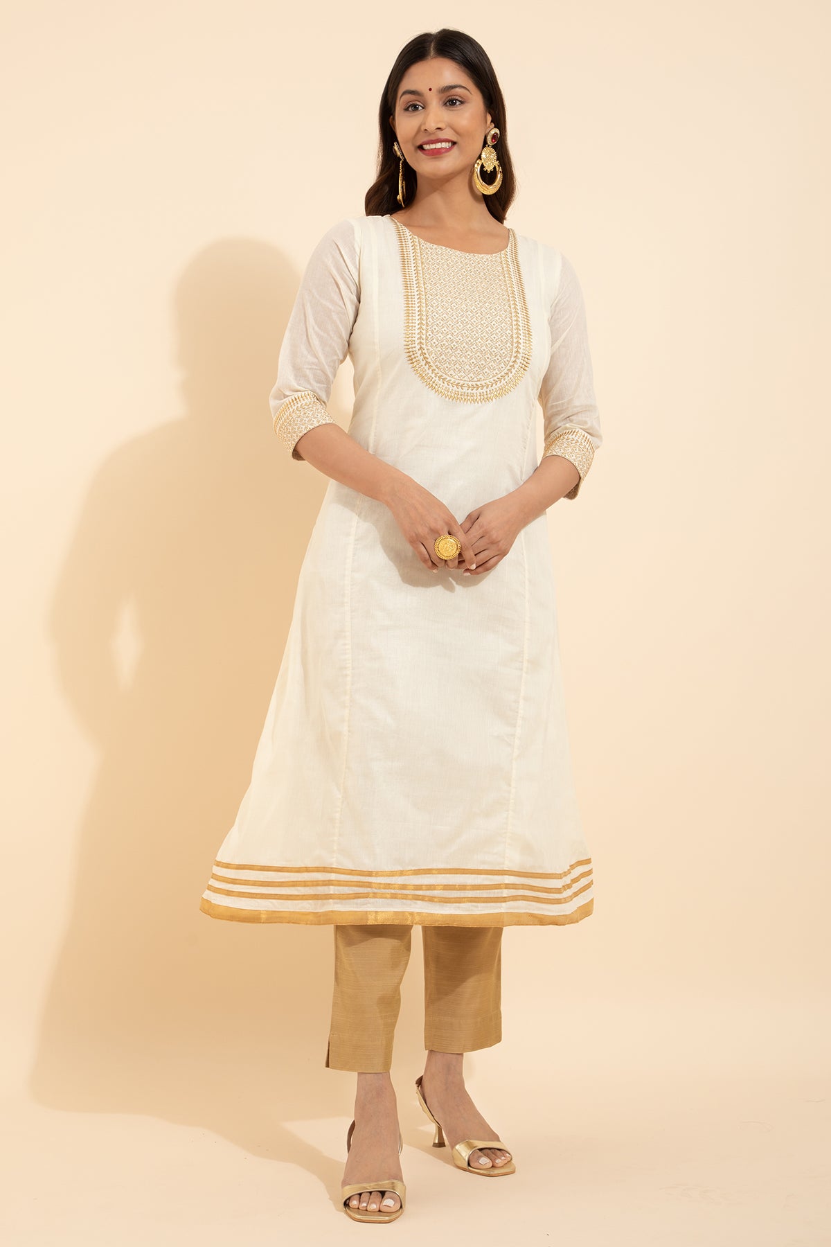 Mulla Mottu Embroidered Kurta with Kasavu Border - Off-White Maybell Womens Fashion Mulla Mottu Embroidered Kurta with Kasavu Border - Off-White Maybell Womens Fashion