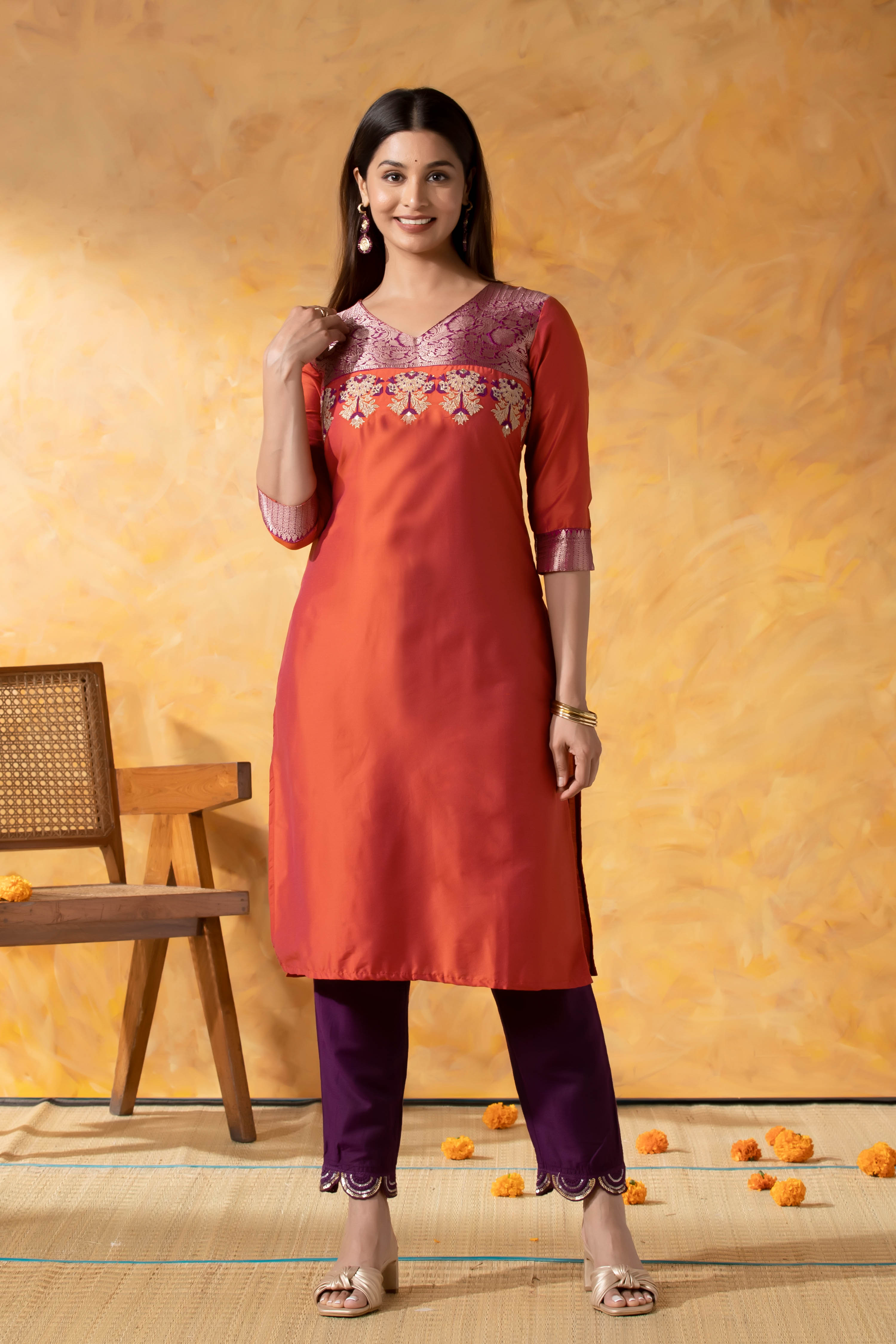 Rust Orange Kurta with Brocade Yoke, Embroidery & Foil Mirror Work –  Maybell Womens Fashion
