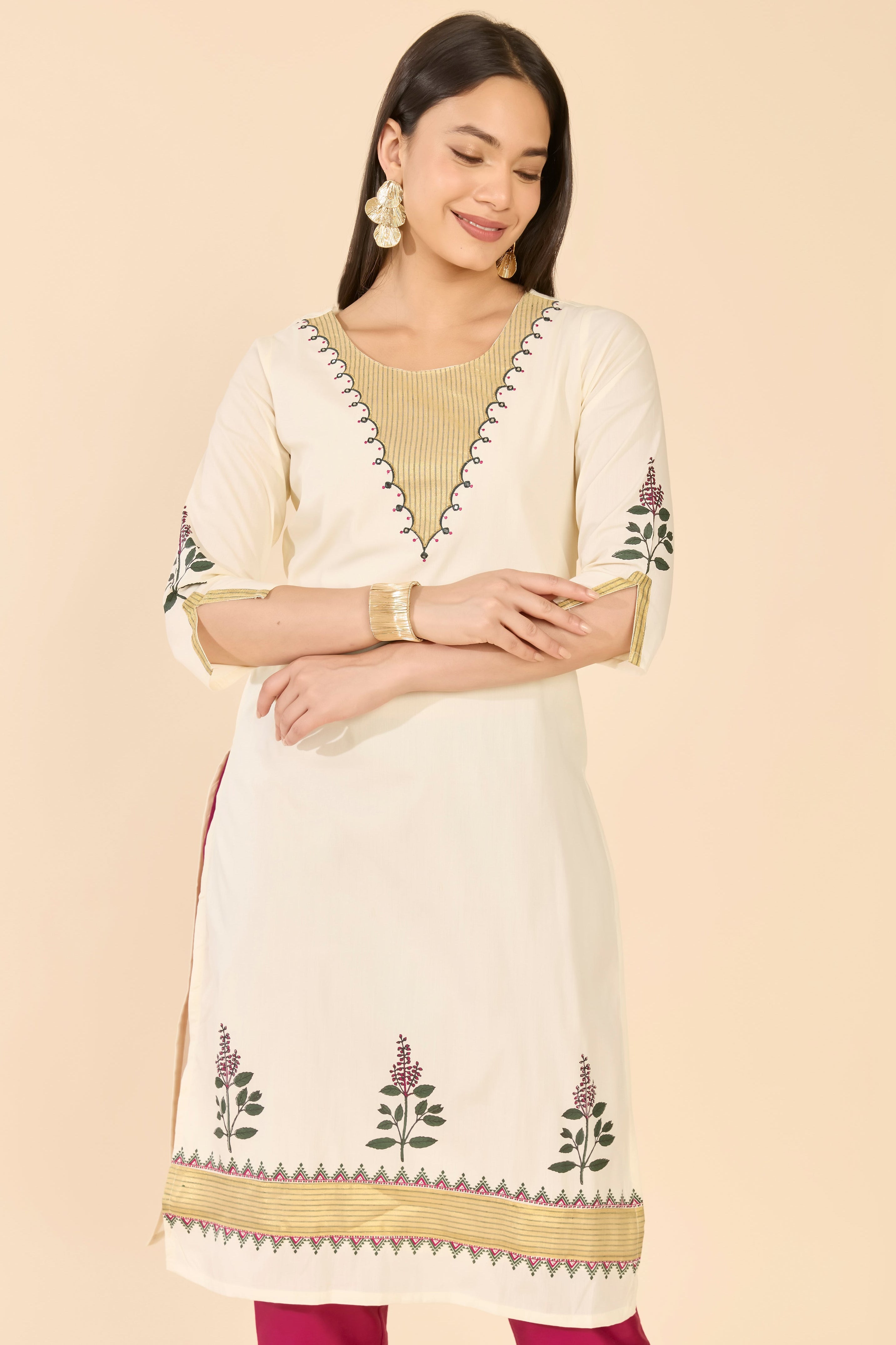 Floral Printed & Lace Embellished Rust Cotton Kurta