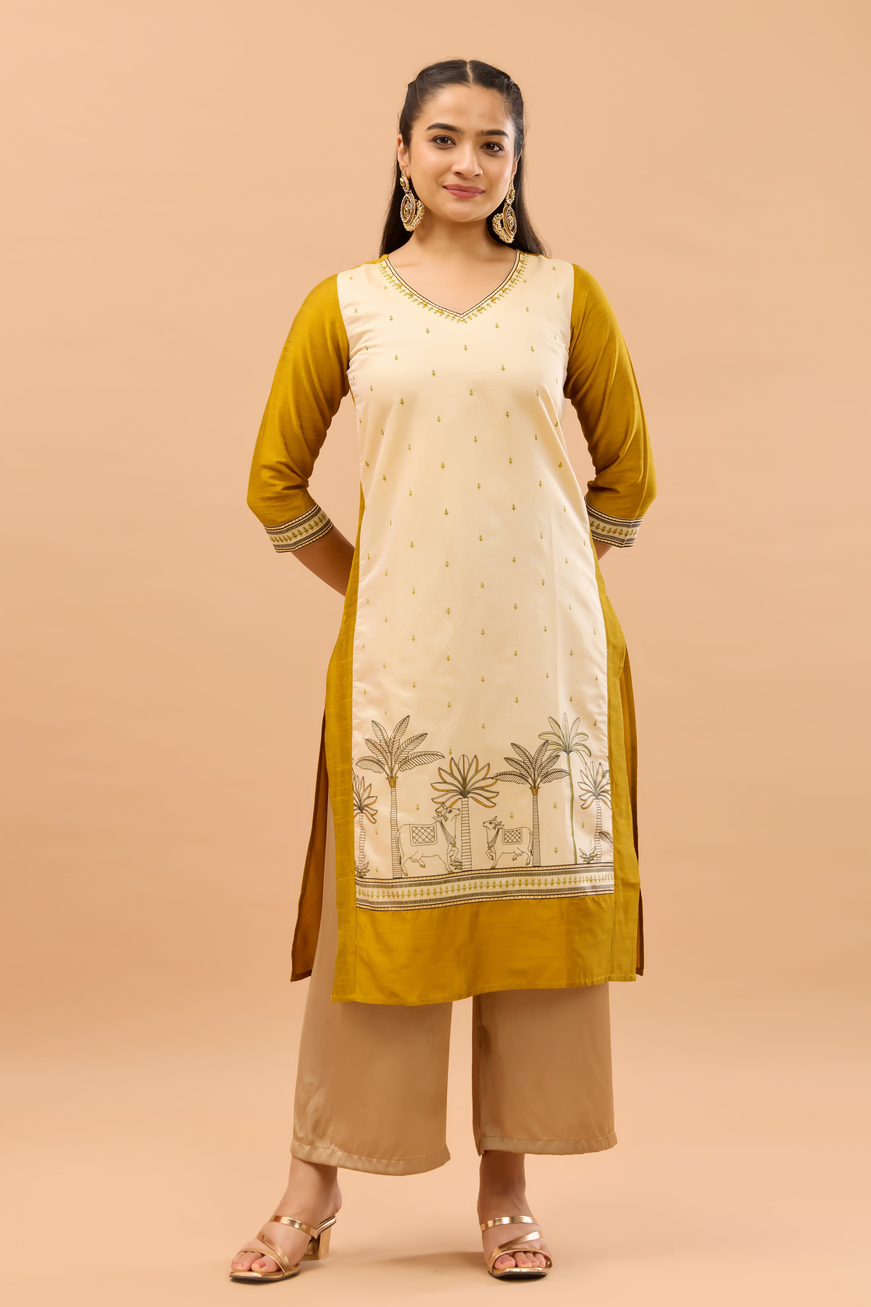 Pichwai Printed Mustard & Off White Festiv Kurta