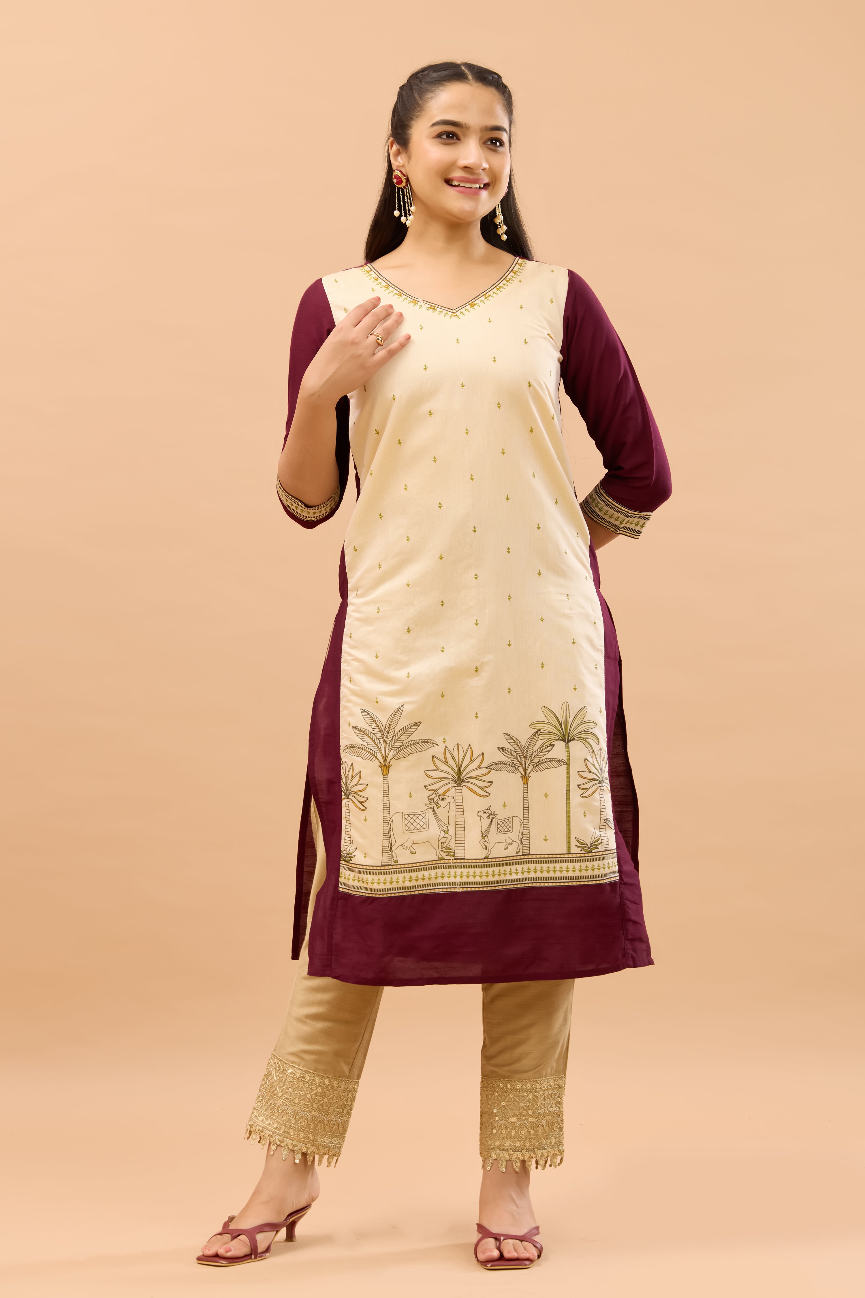 Pichwai Printed Wine & Off White Festive Kurta