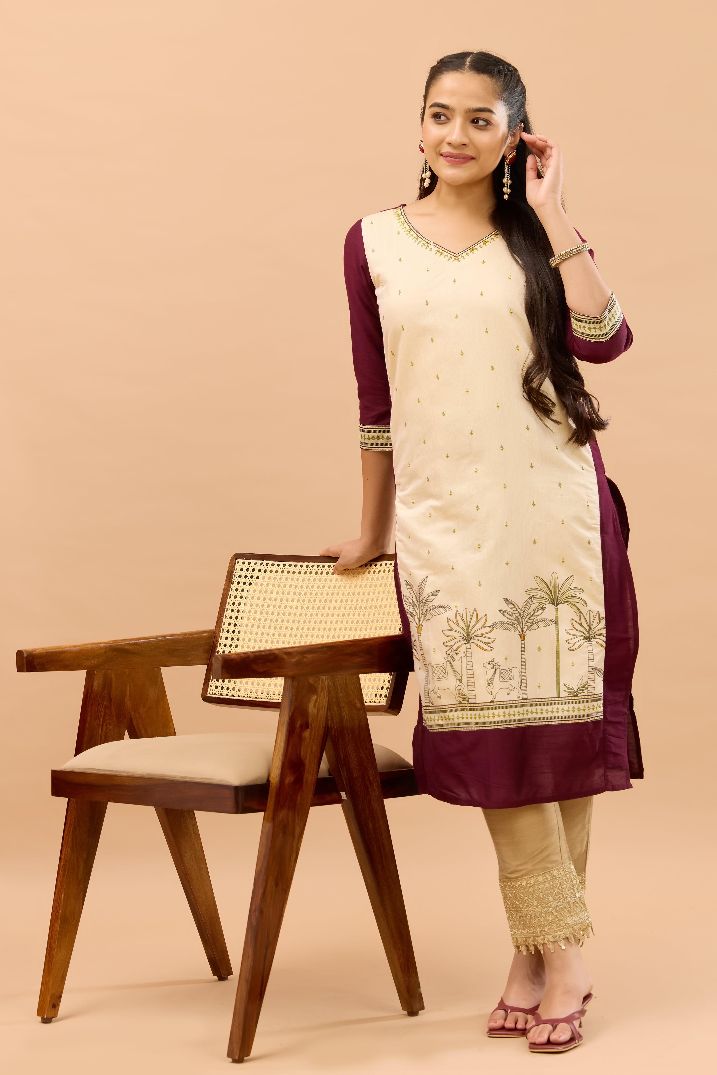 Pichwai Printed Wine & Off White Festive Kurta