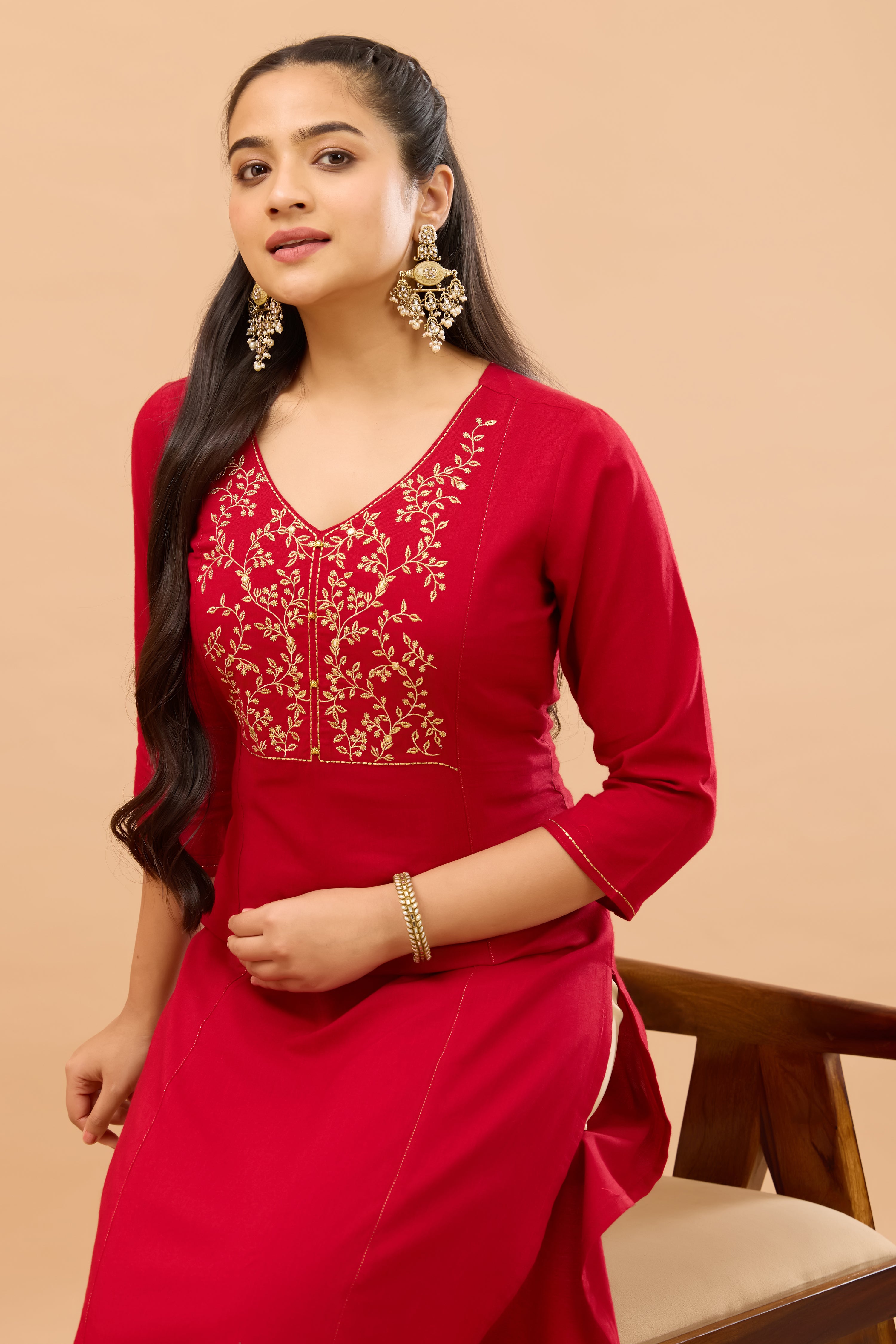 Floral Embroidered Red Kurta