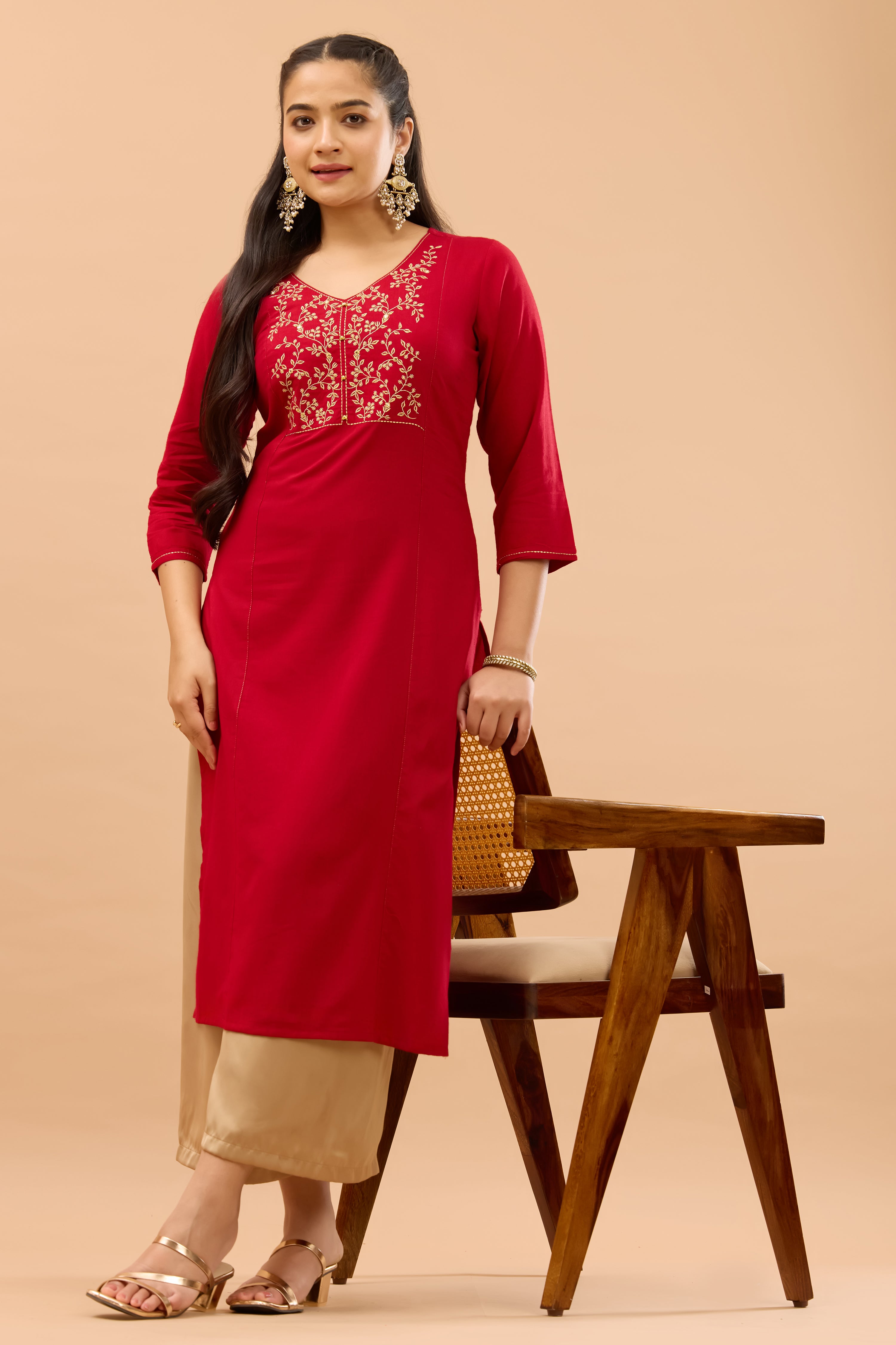 Floral Embroidered Red Kurta