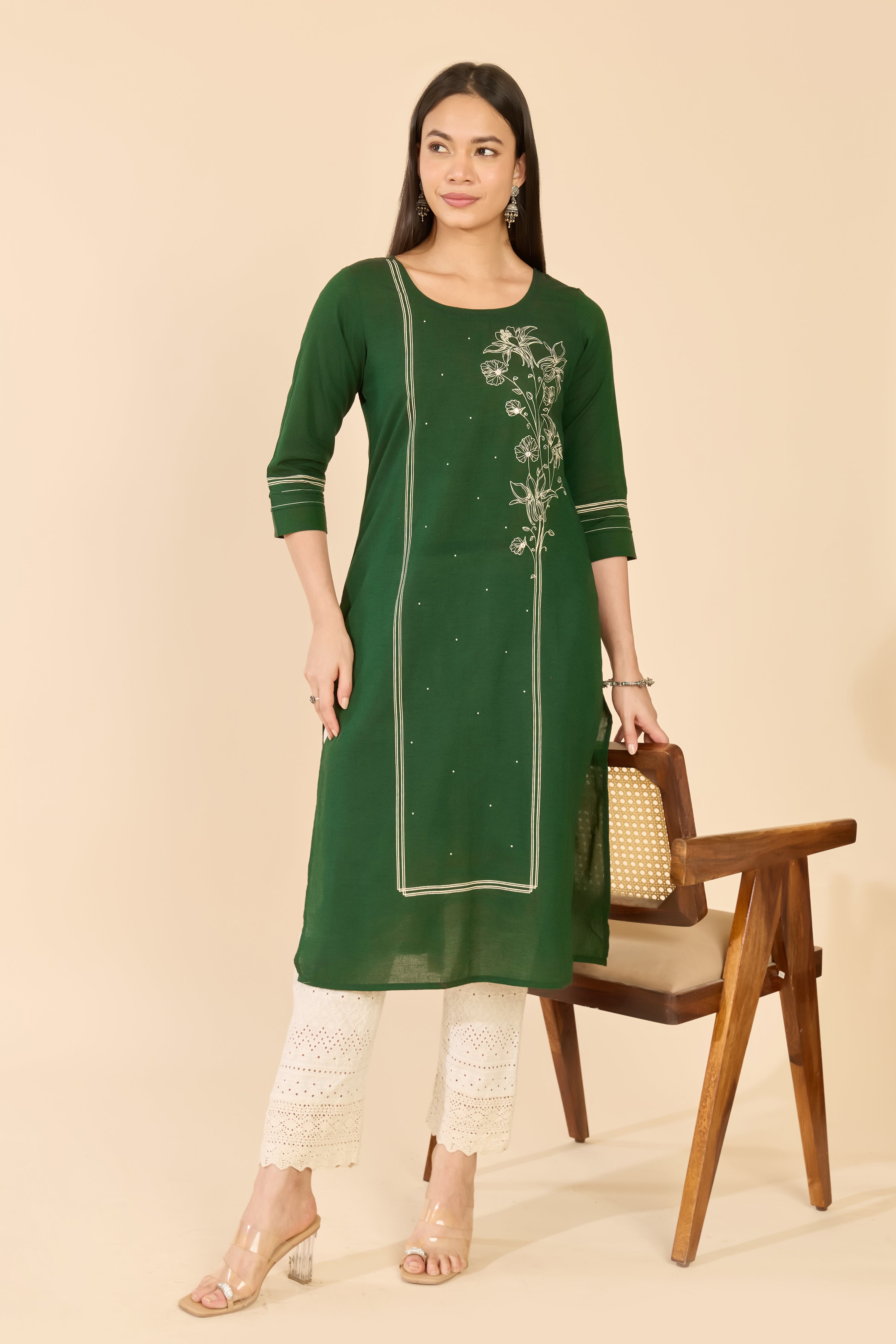 Green Floral Printed Cotton Kurta