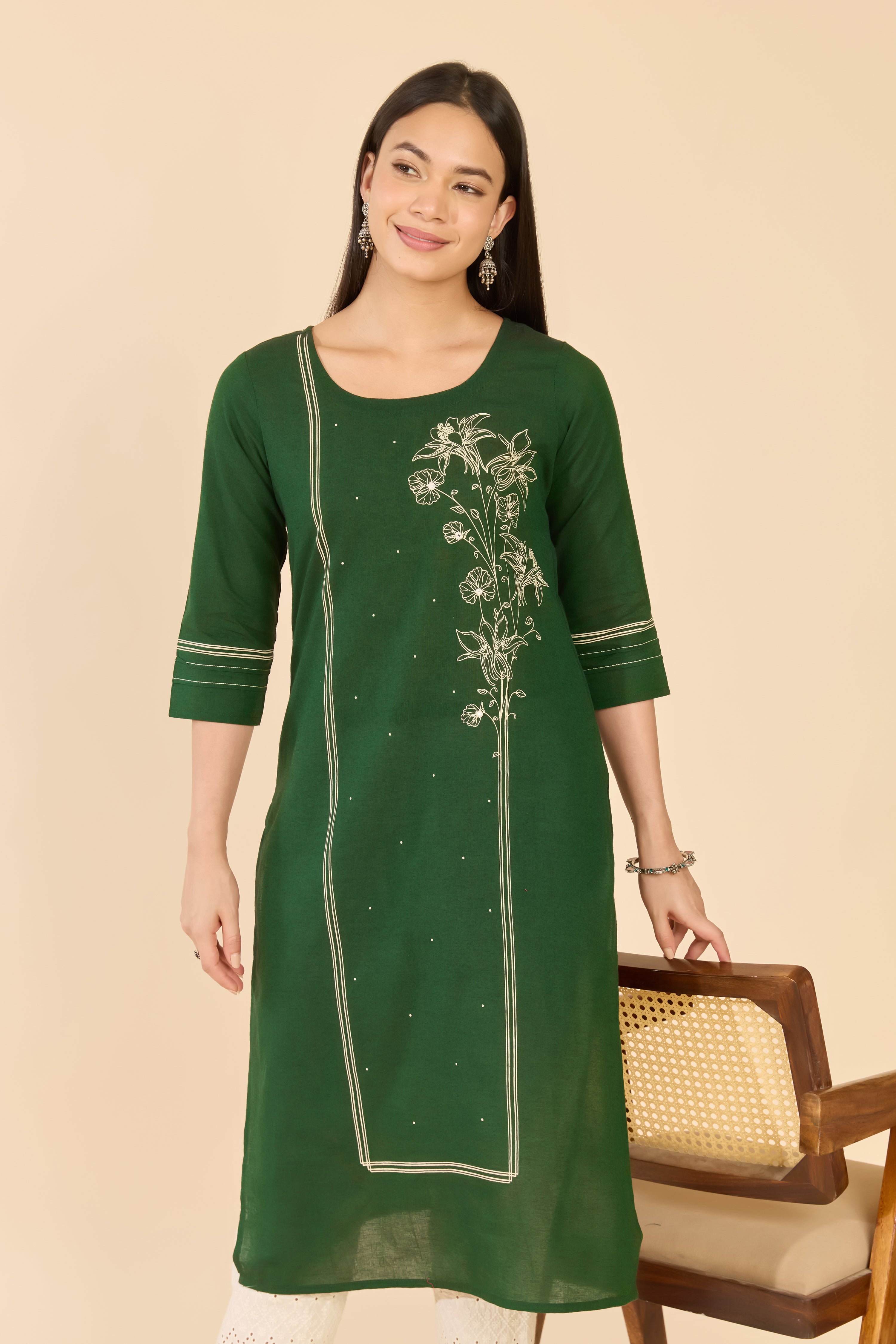 Green Floral Printed Cotton Kurta