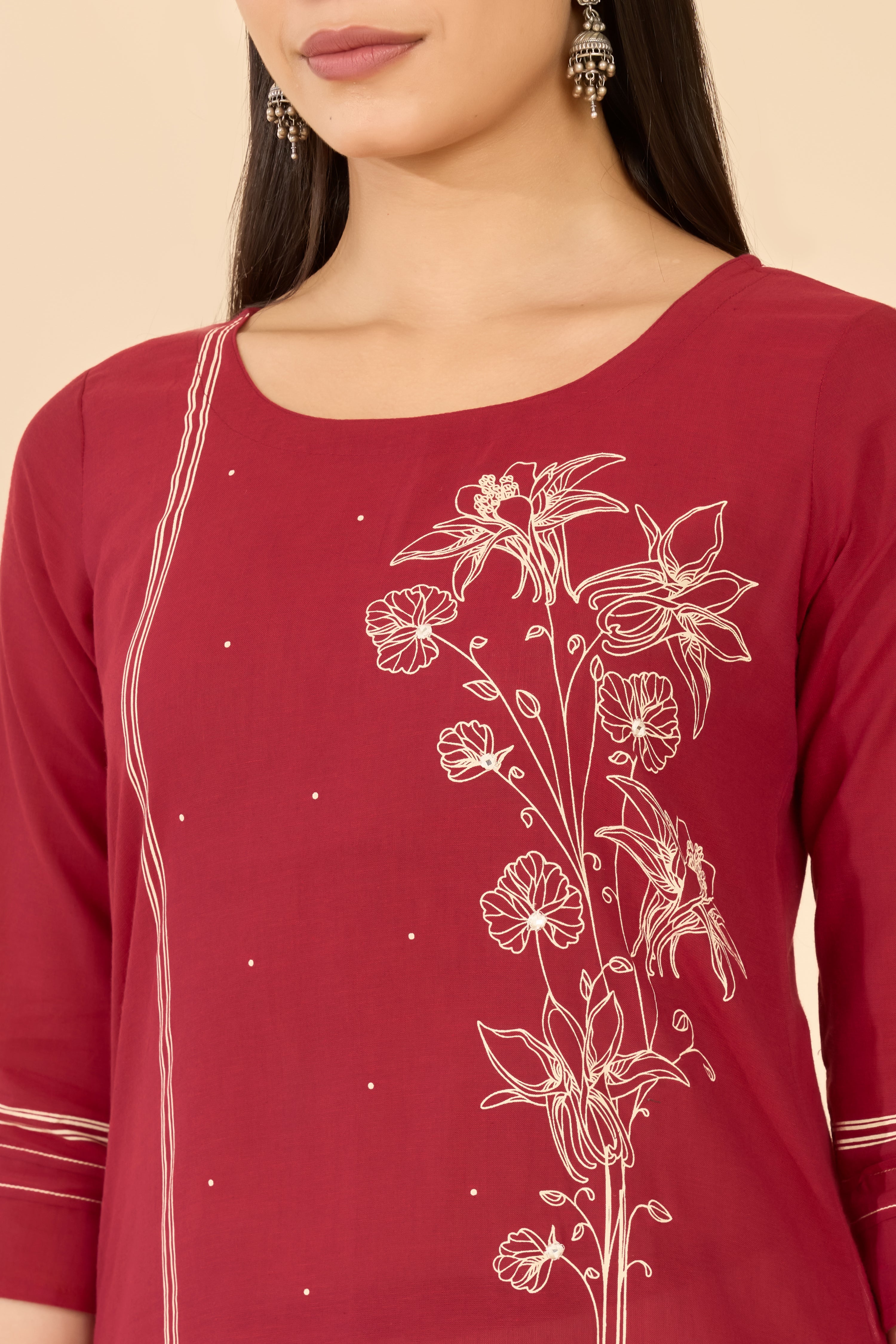 Red Floral Printed Cotton Kurta