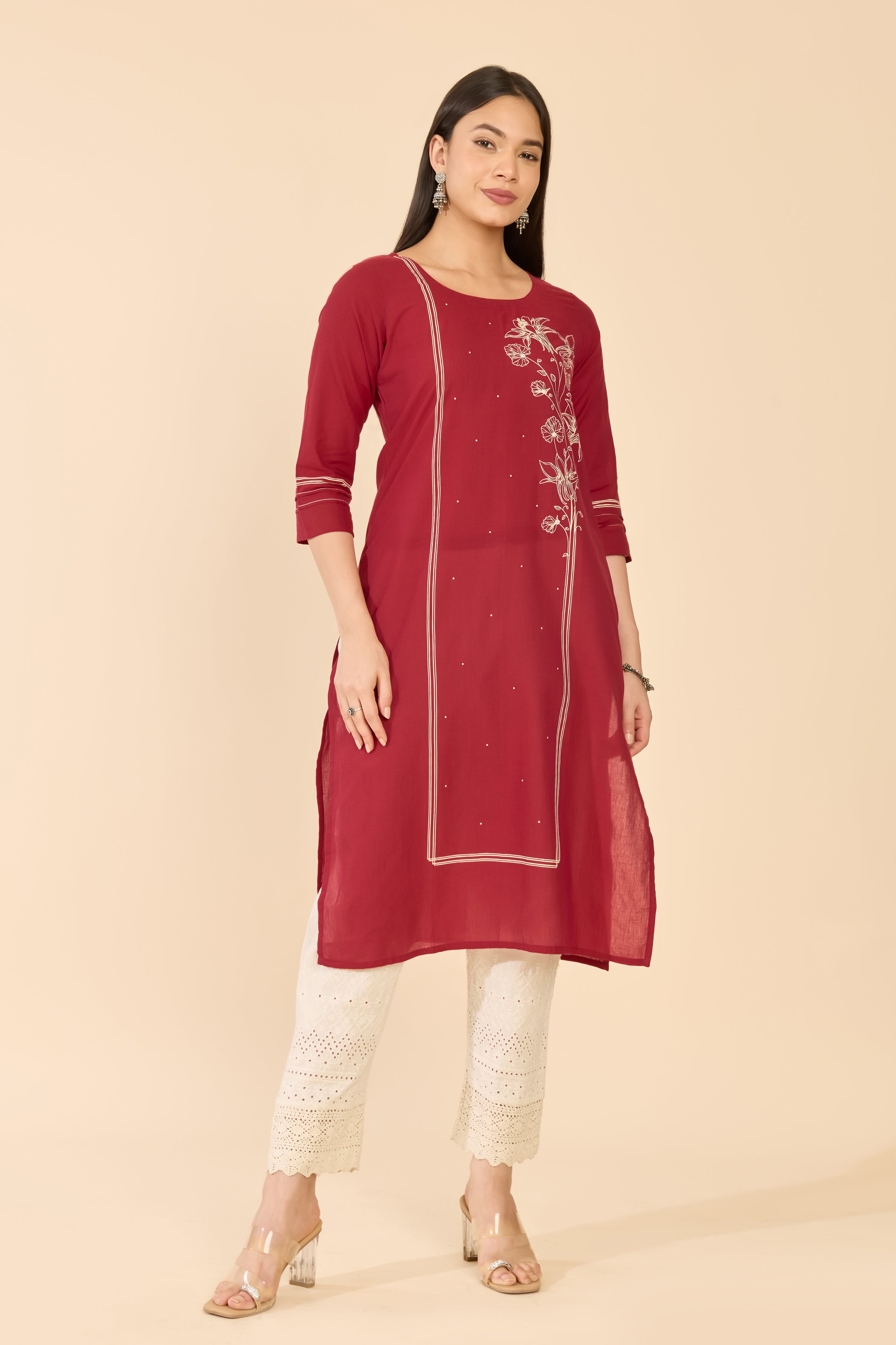 Red Floral Printed Cotton Kurta