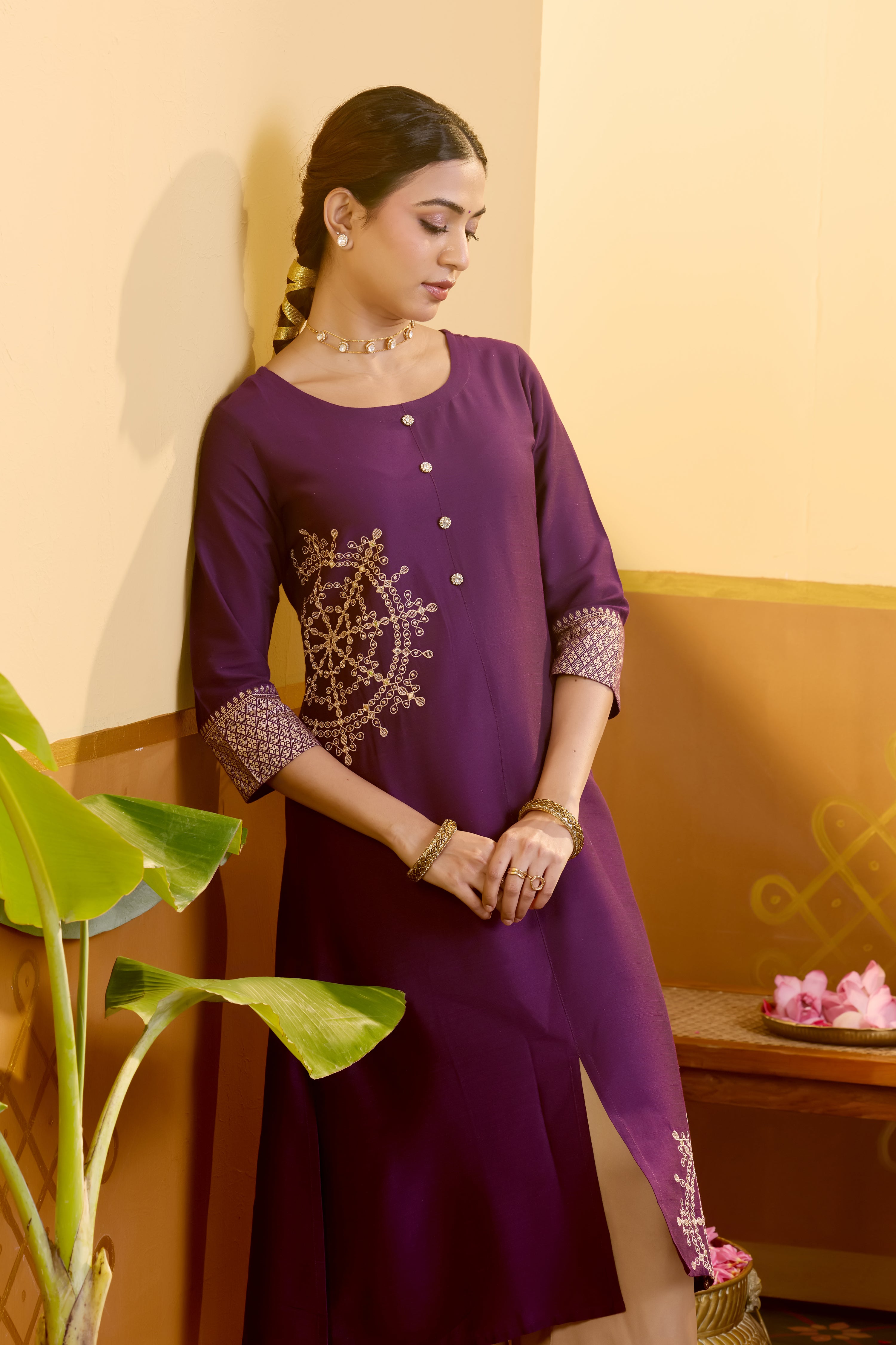 Kolam Placement Embroidered Purple Kurta