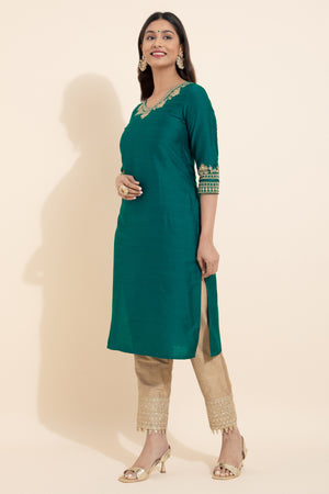 Women’s Teal Floral Embroidered Kurta - Perfect for Festive and Casual Wear