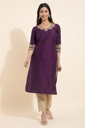 Burgundy Floral Embroidered Kurta for Women - Elegant and Stylish