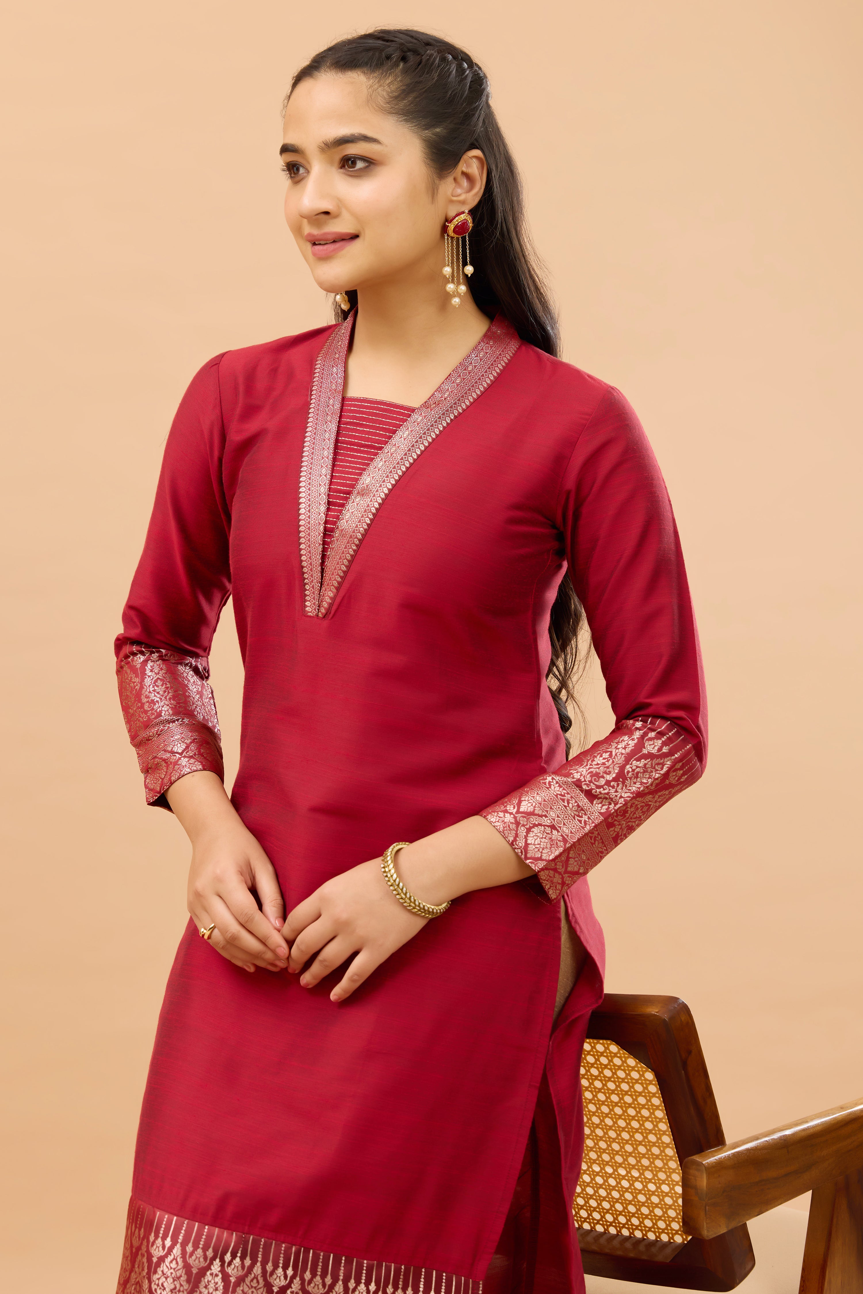 Maroon Embroidered Kurta with Broacde Sleeve