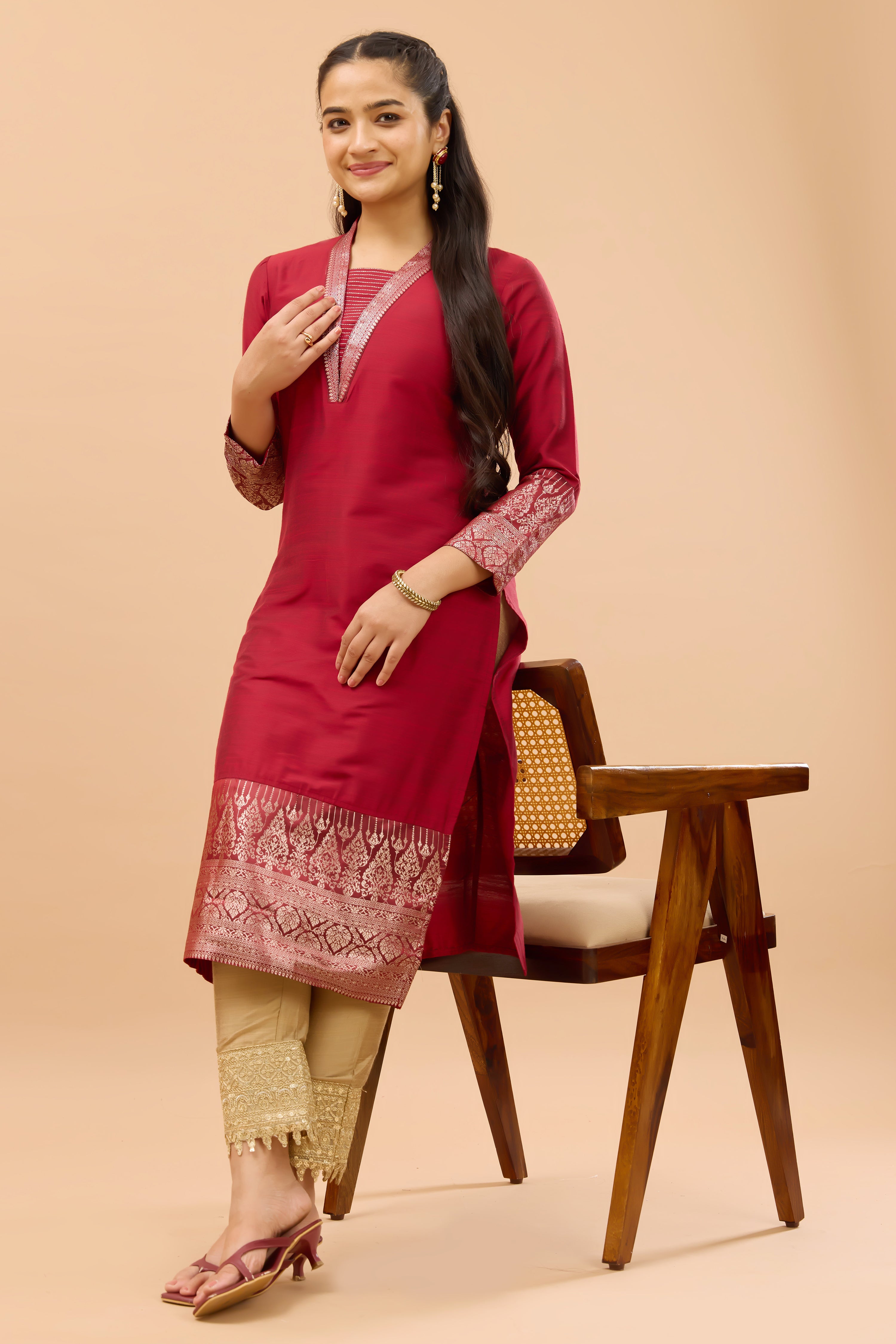 Maroon Embroidered Kurta with Broacde Sleeve