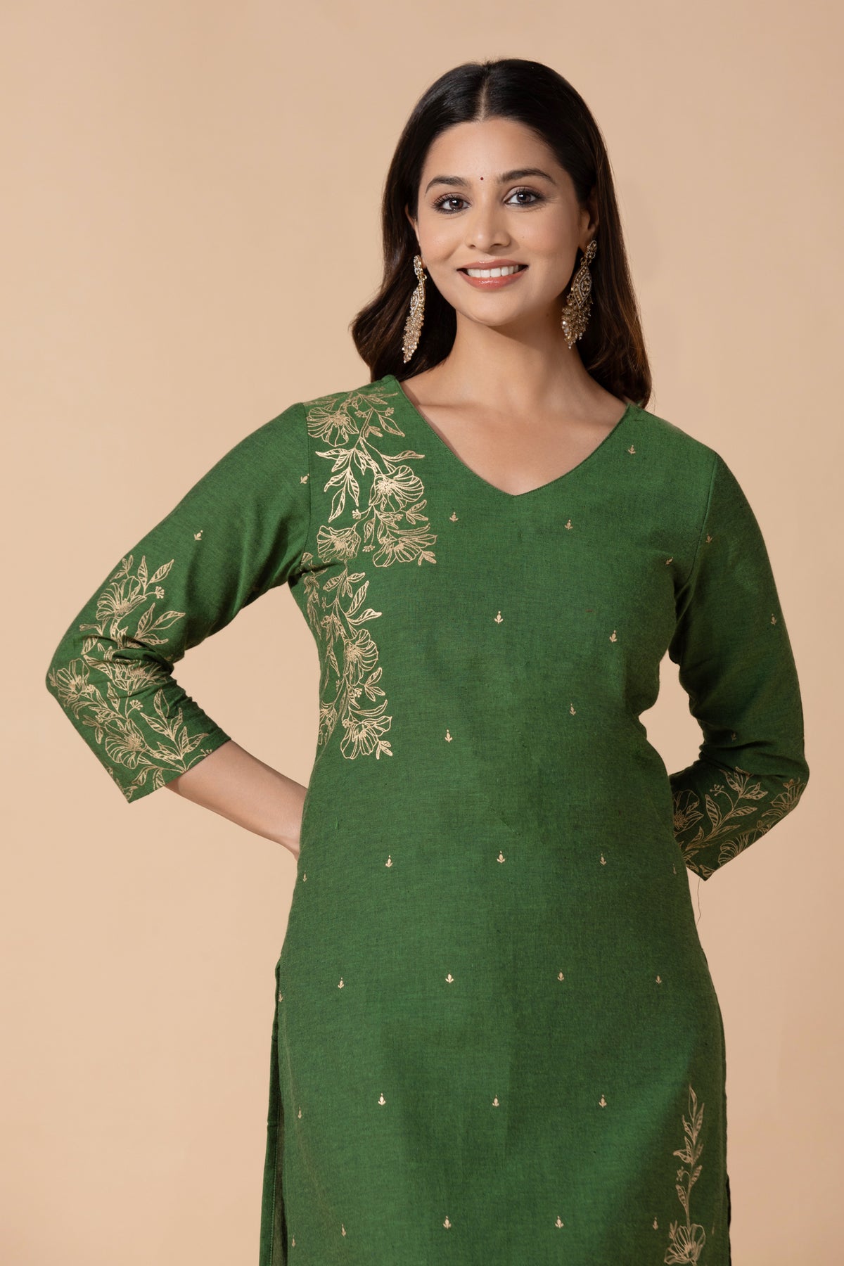 Green Floral Printed Straight Cotton Kurta