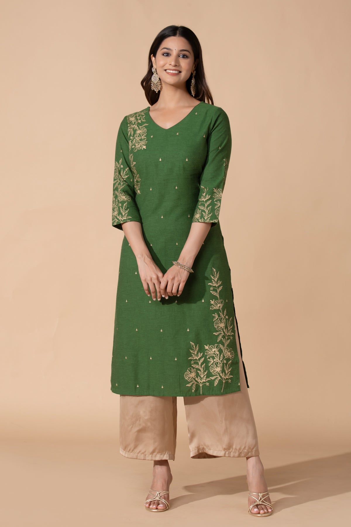 Green Floral Printed Straight Cotton Kurta