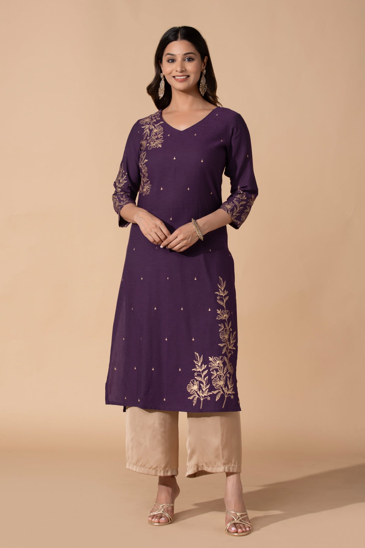 Purple Floral Printed Straight Cotton Kurta