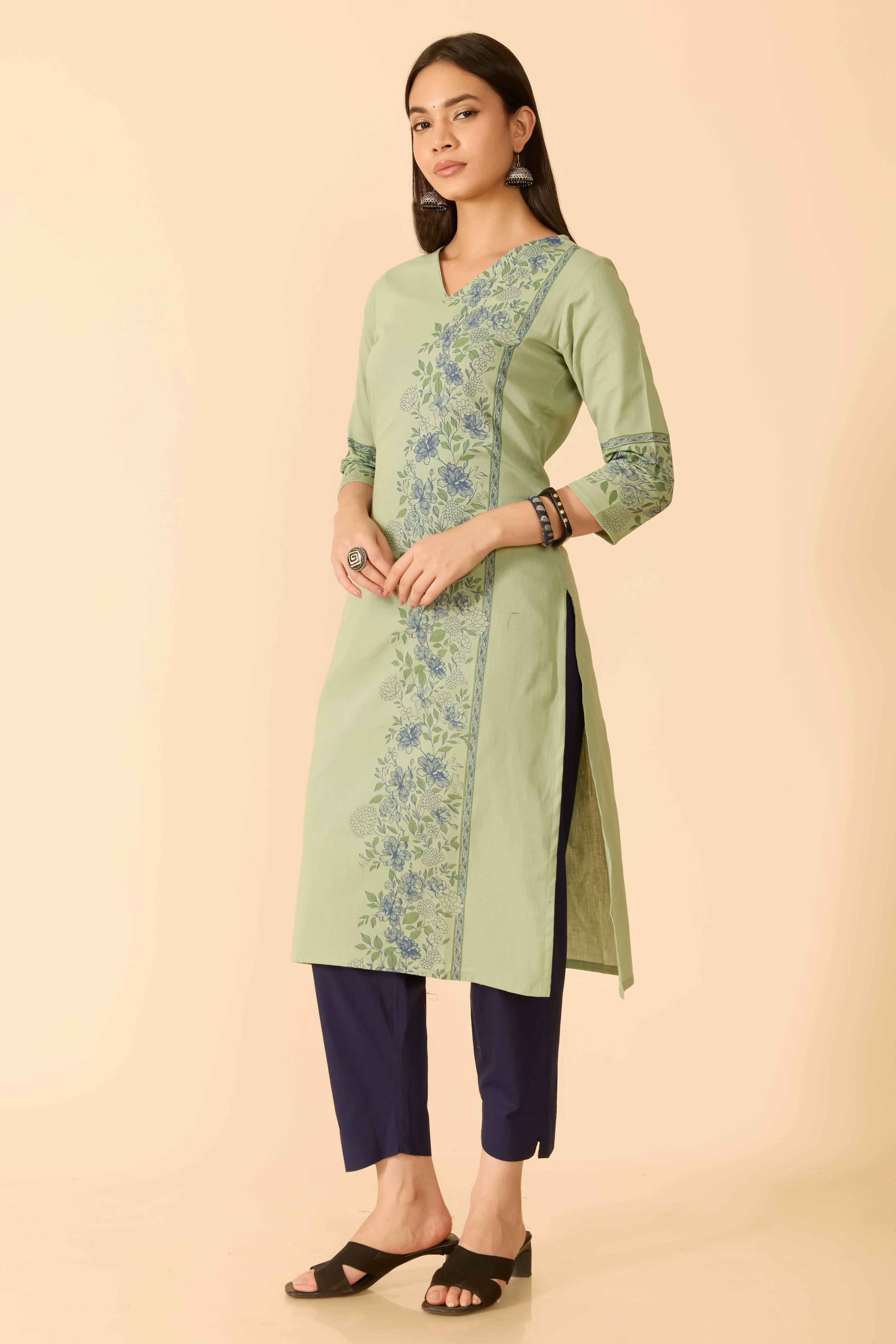 GREEN FLORAL PRINTED COTTON KURTA