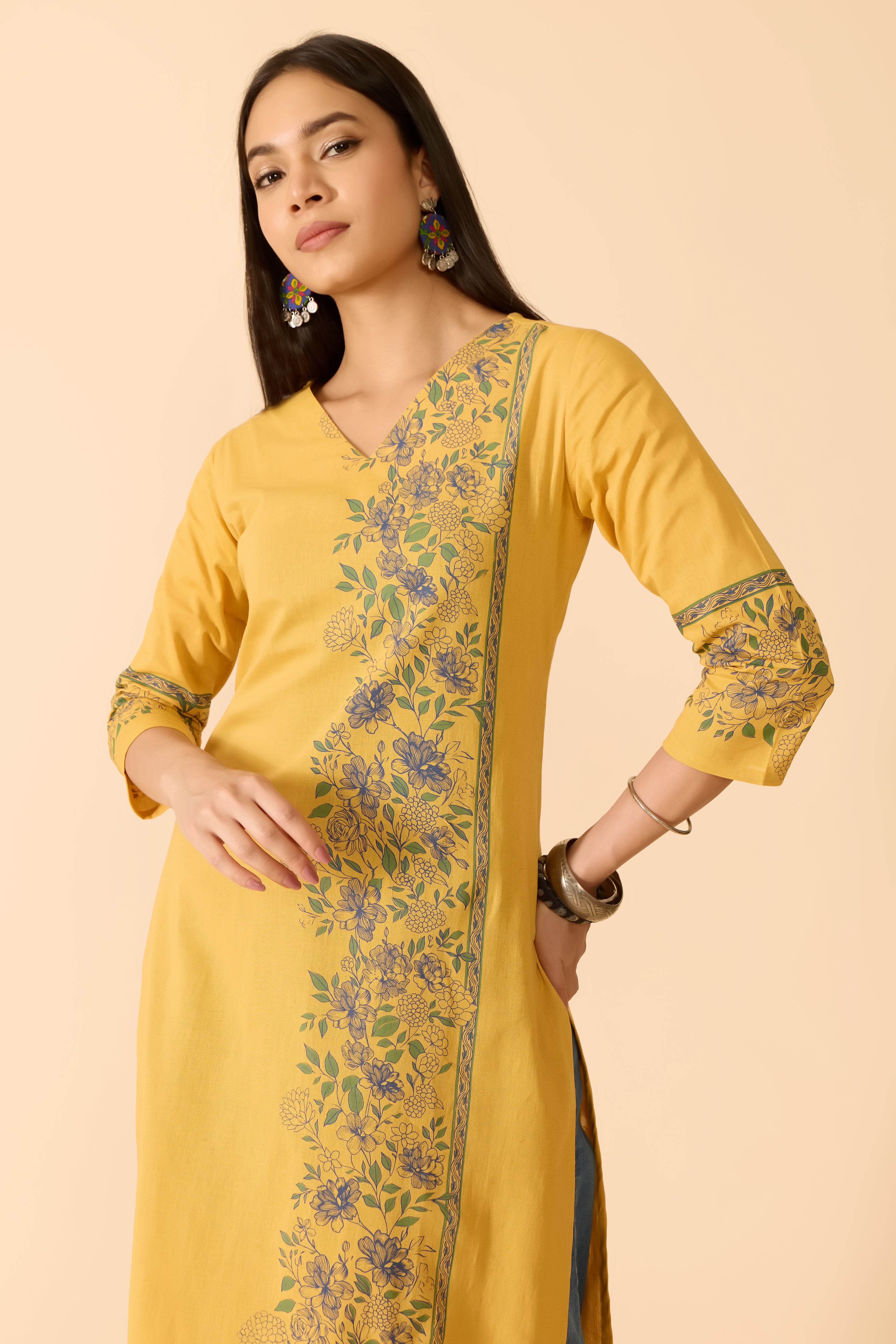 MUSTARD FLORAL PRINTED COTTON KURTA