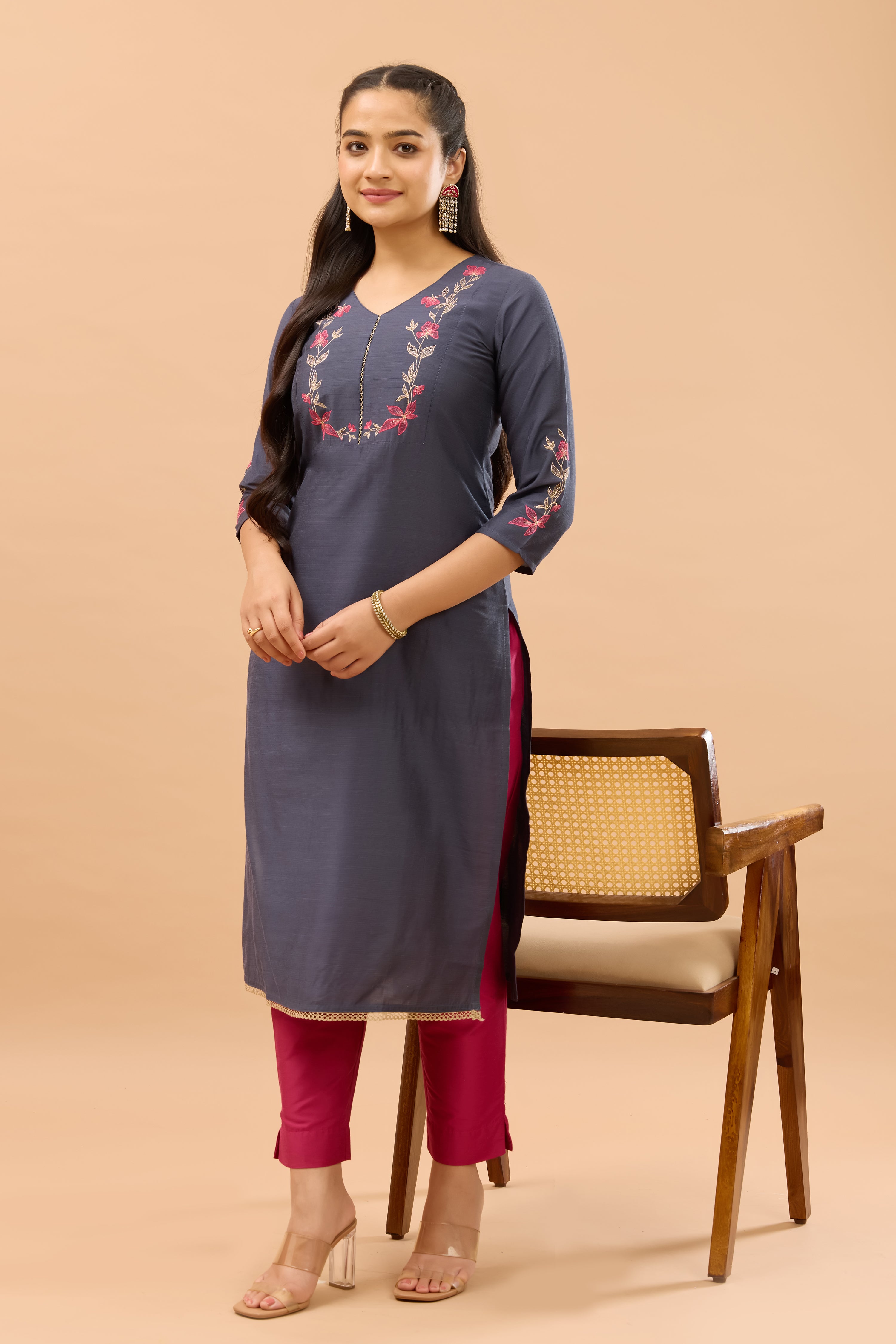 Floral Placement Embroidered Grey Kurta