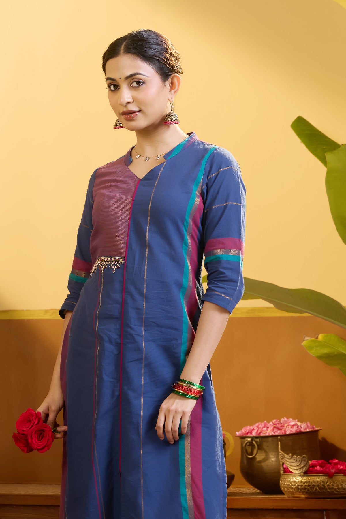 Striped Blue Cotton Kurta With Kolam Placement Embroidery