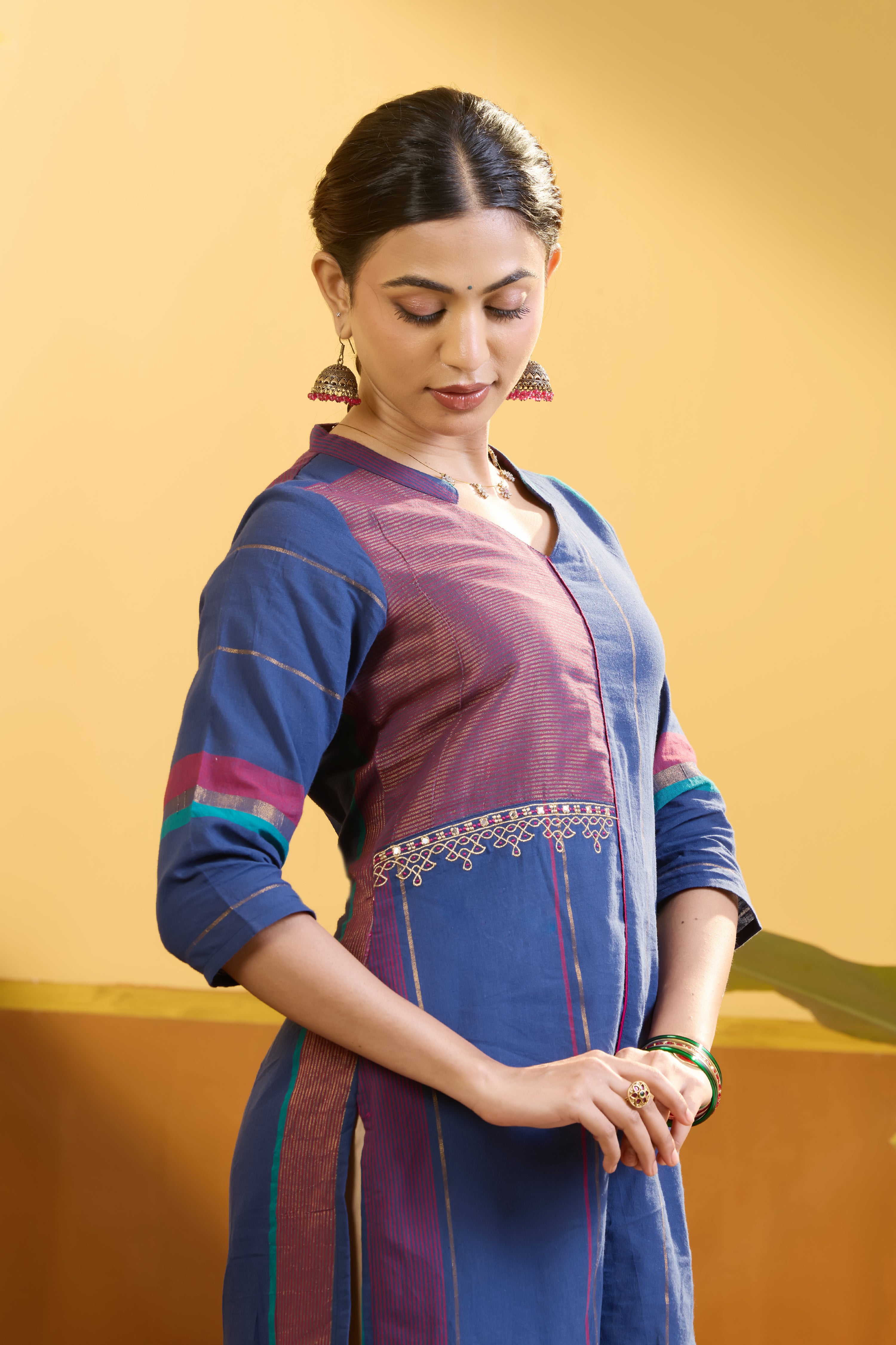 Striped Blue Cotton Kurta With Kolam Placement Embroidery