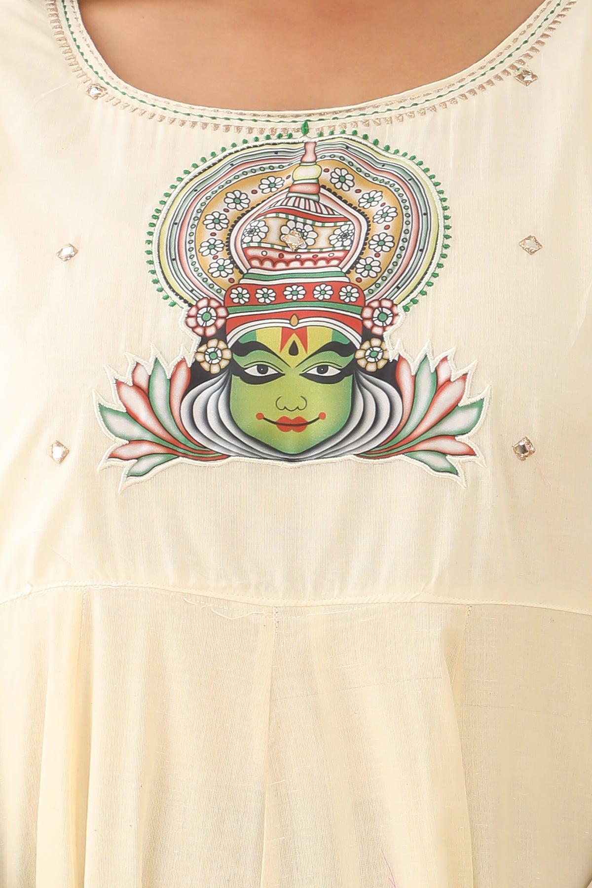 Kathakali Motif Applique With Foil Mirror Embellished A line Kurta Off White