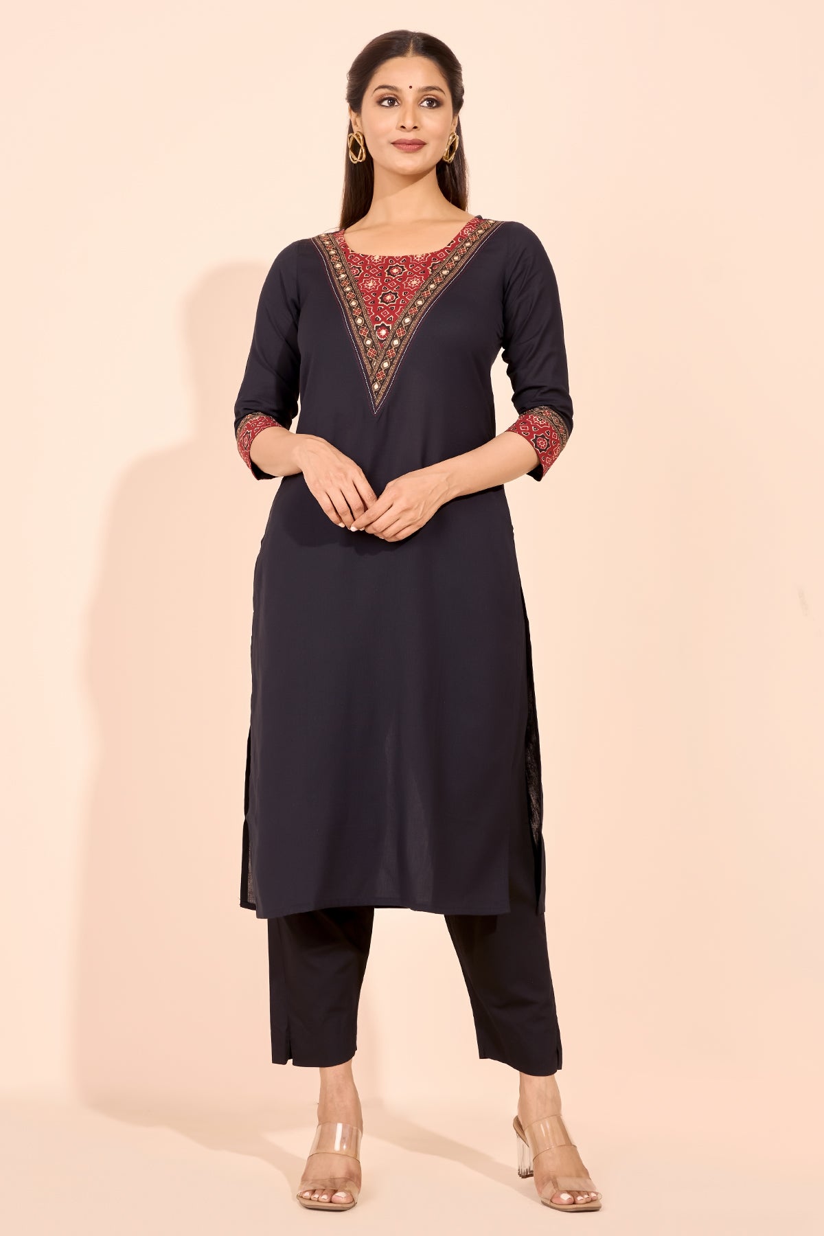 Ajrakh Printed Yoke Patchwork Kurta - Black