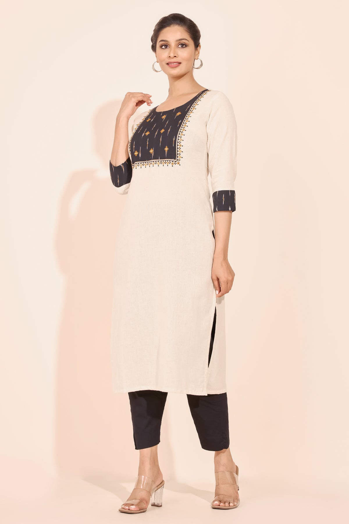 Ikkat Patchwork Kurta with Foil Mirror Embellishment - Black & Off-White